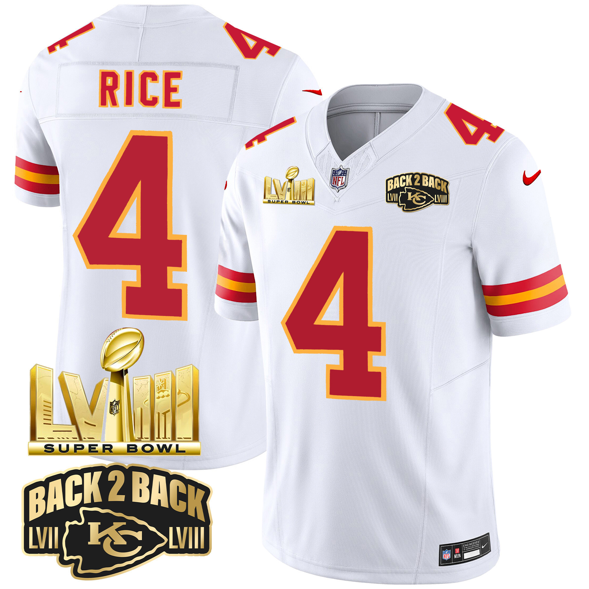Rashee Rice Men's Kansas City Chiefs Super Bowl LVIII & Back 2 Back Gold Patch Vapor White Jersey - All Stitched