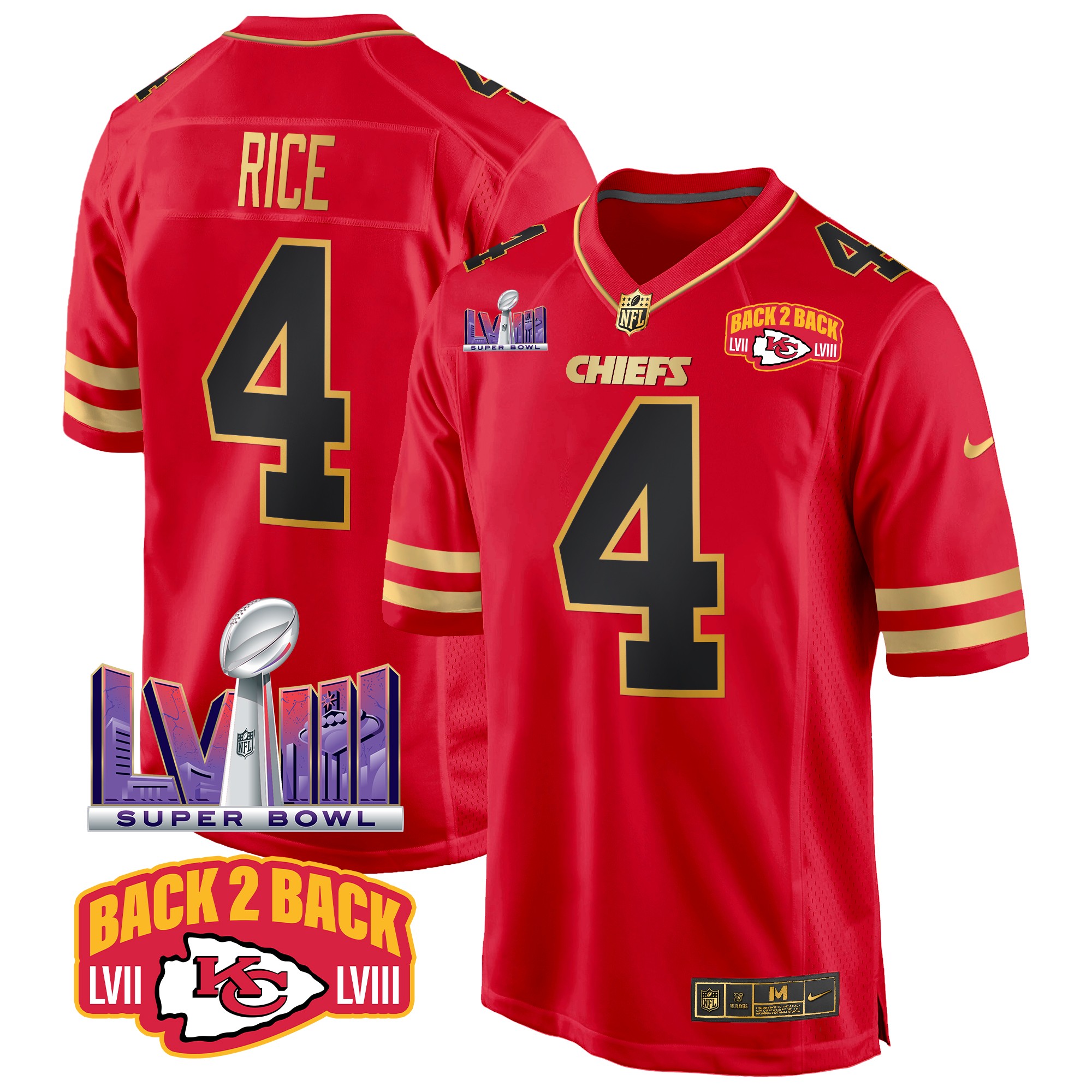 Rashee Rice Men's Kansas City Chiefs Super Bowl LVIII & Back 2 Back Patch Game Black Red Jersey - All Stitched