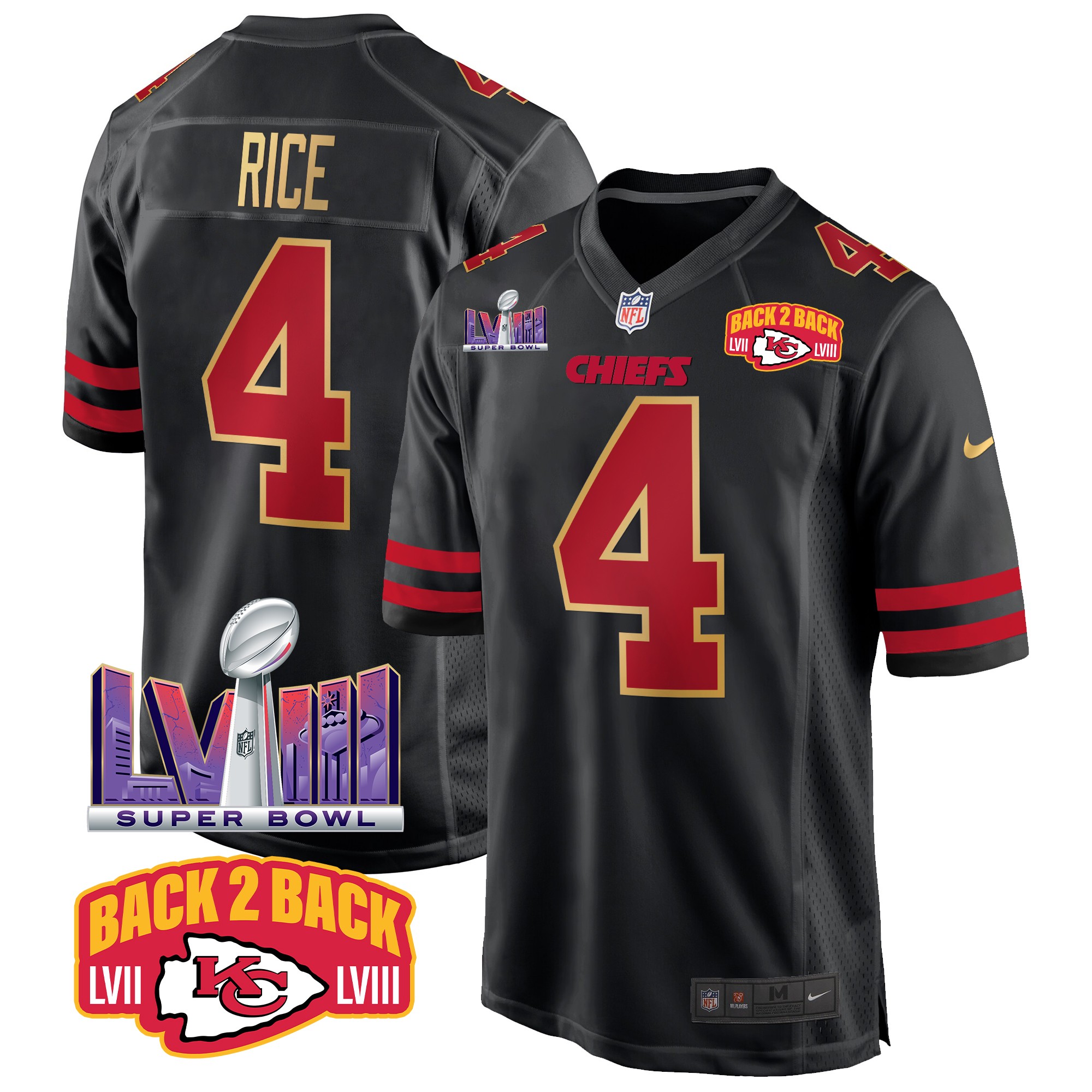Rashee Rice Men's Kansas City Chiefs Super Bowl LVIII & Back 2 Back Patch Game Gold Trim Jersey - All Stitched