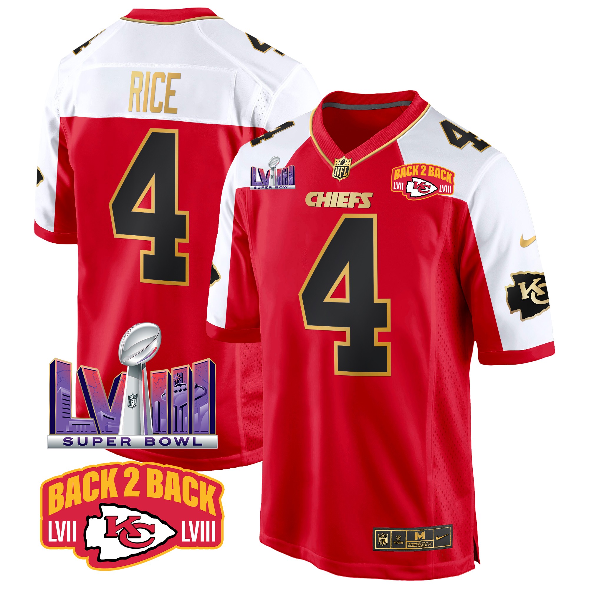 Rashee Rice Men's Kansas City Chiefs Super Bowl LVIII & Back 2 Back Patch Game Red Alternate Jersey - All Stitched