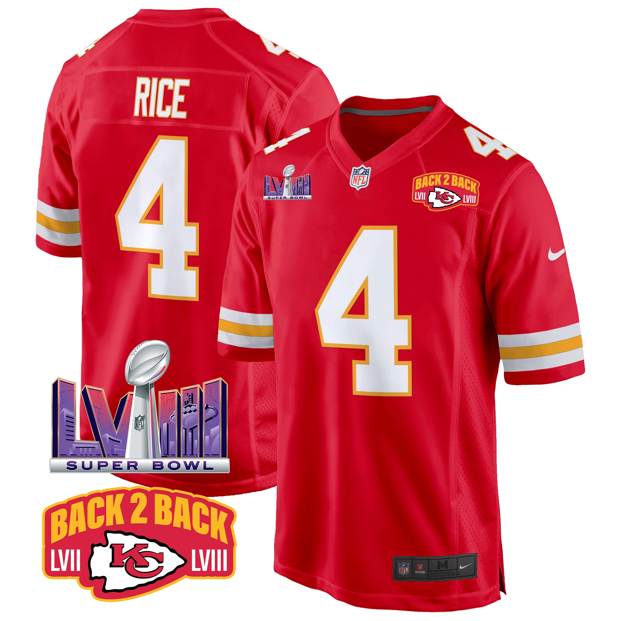 Rashee Rice Men's Kansas City Chiefs Super Bowl LVIII & Back 2 Back Patch Game Red Jersey - All Stitched
