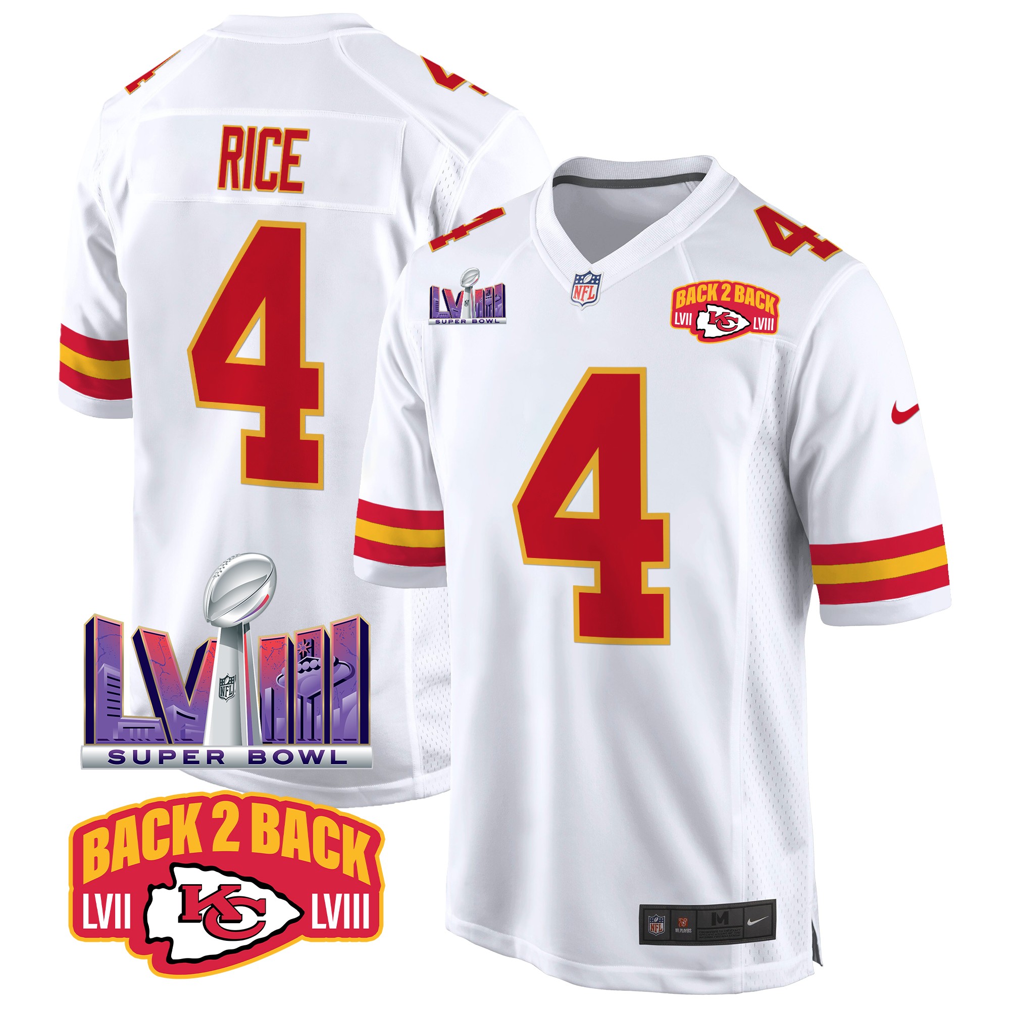Rashee Rice Men's Kansas City Chiefs Super Bowl LVIII & Back 2 Back Patch Game White Jersey - All Stitched