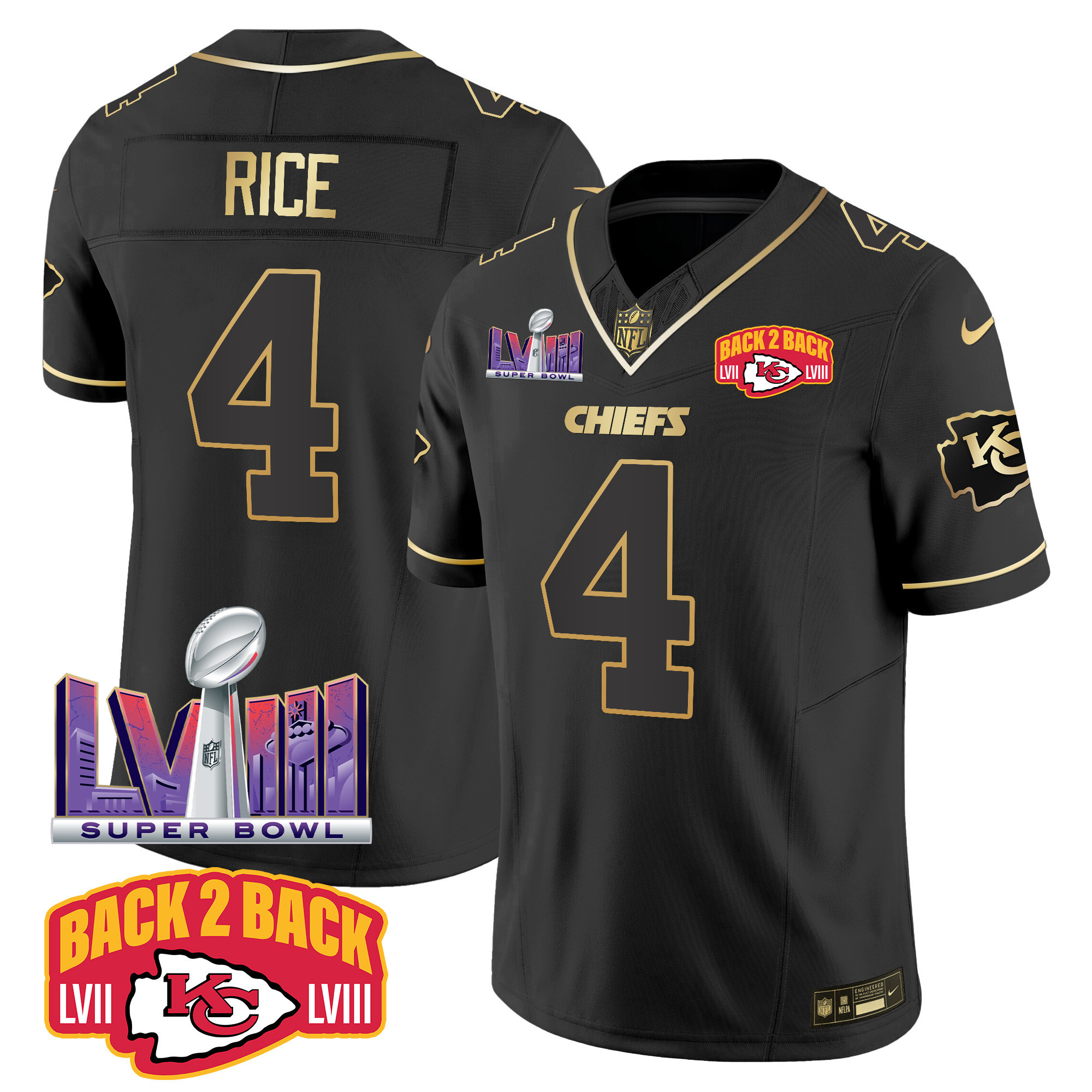 Rashee Rice Men's Kansas City Chiefs Super Bowl LVIII & Back 2 Back Patch Vapor Black Gold Jersey - All Stitched