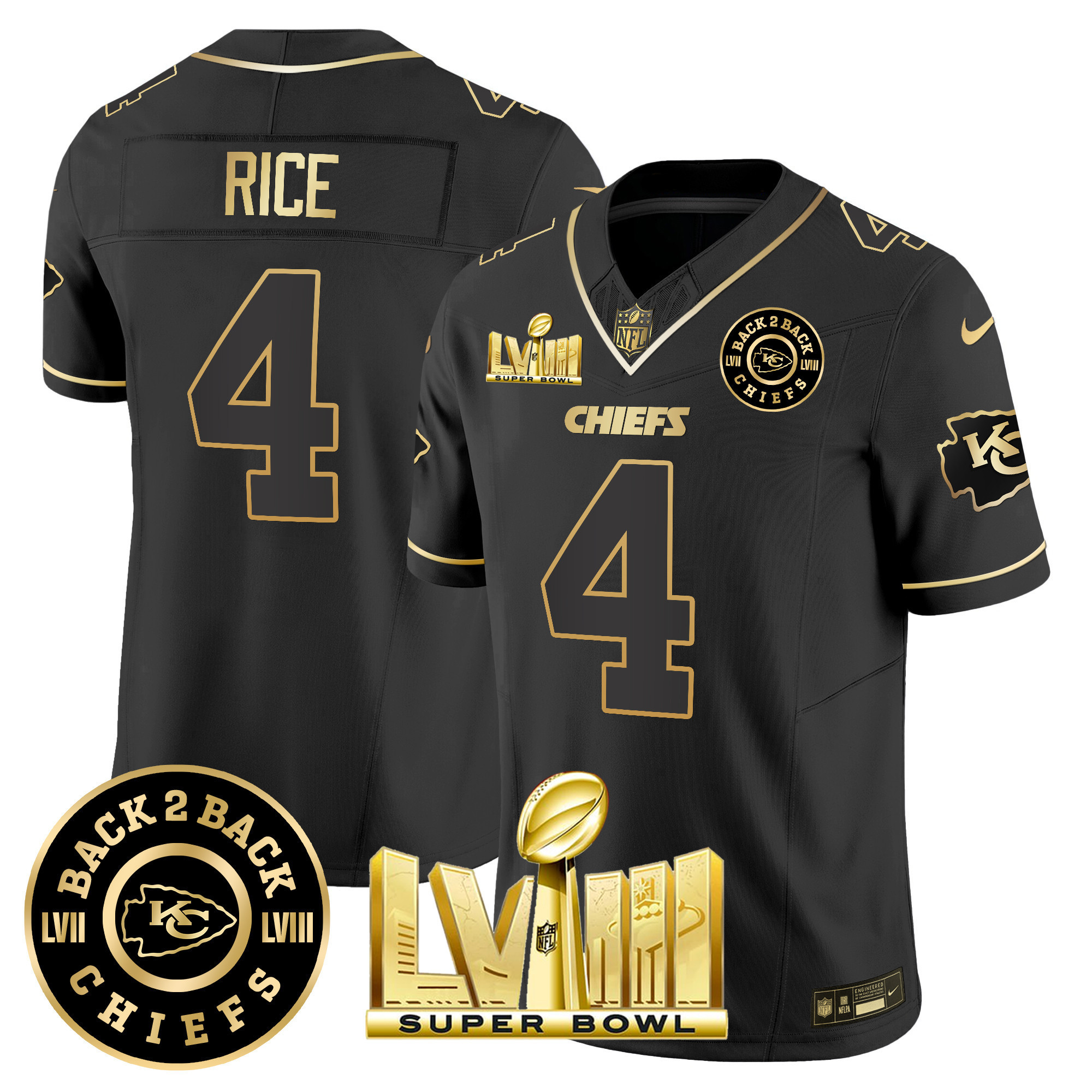 Rashee Rice Men's Kansas City Chiefs Super Bowl LVIII & Back 2 Back Patch Vapor Black Gold Jersey - All Stitched