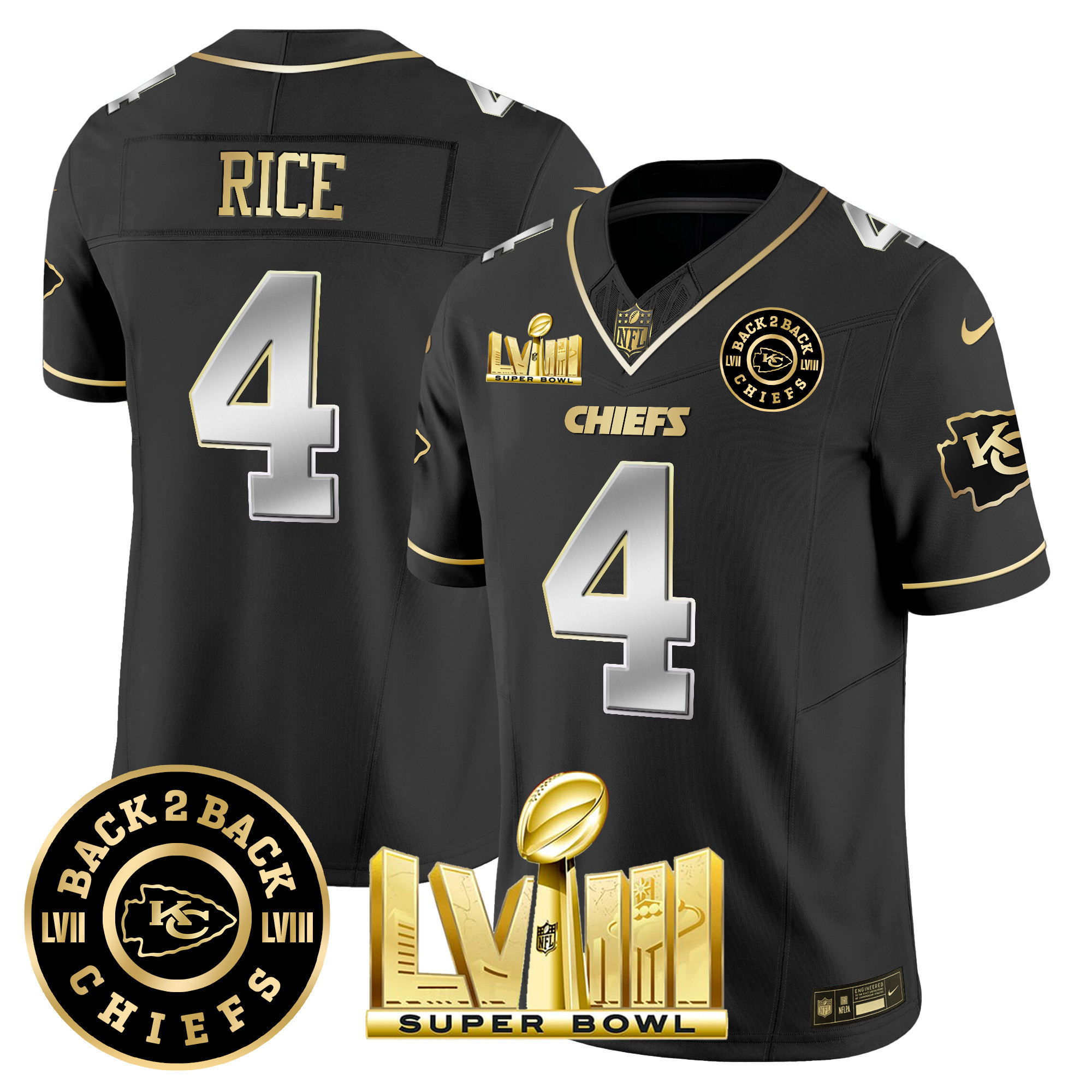 Rashee Rice Men's Kansas City Chiefs Super Bowl LVIII & Back 2 Back Patch Vapor Black Limited Jersey - All Stitched