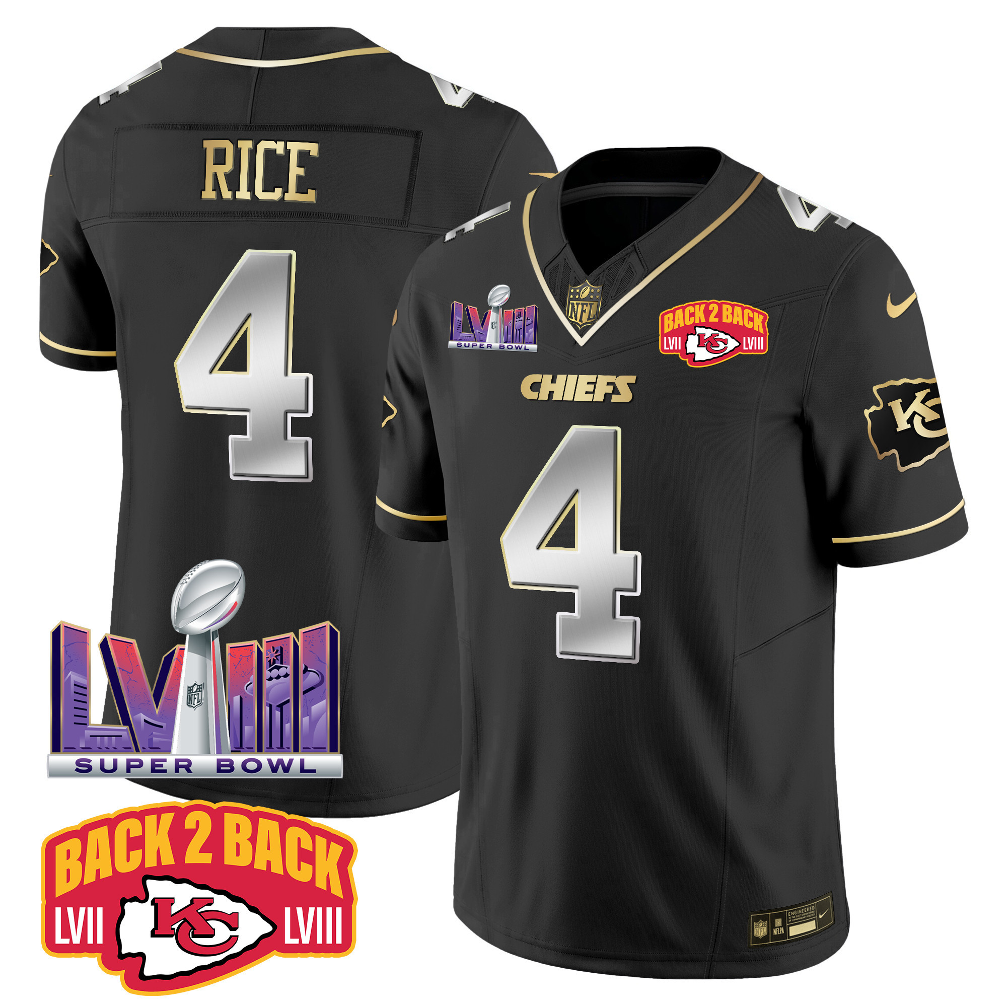 Rashee Rice Men's Kansas City Chiefs Super Bowl LVIII & Back 2 Back Patch Vapor Black Limited Jersey - All Stitched