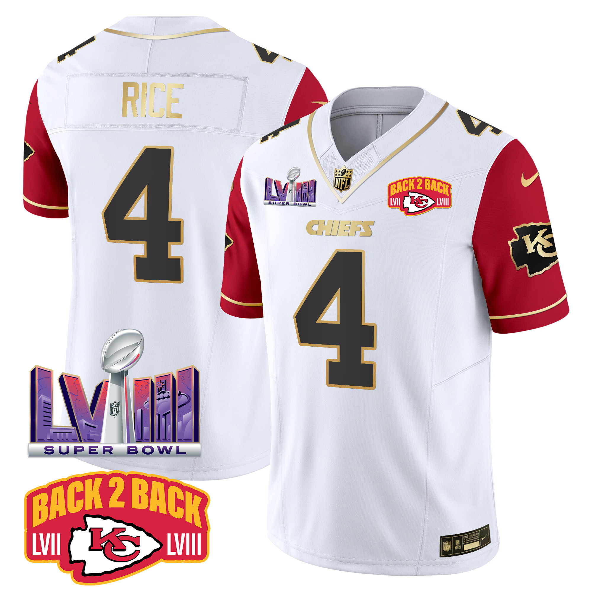Rashee Rice Men's Kansas City Chiefs Super Bowl LVIII & Back 2 Back Patch Vapor Color Sleeves Jersey - All Stitched