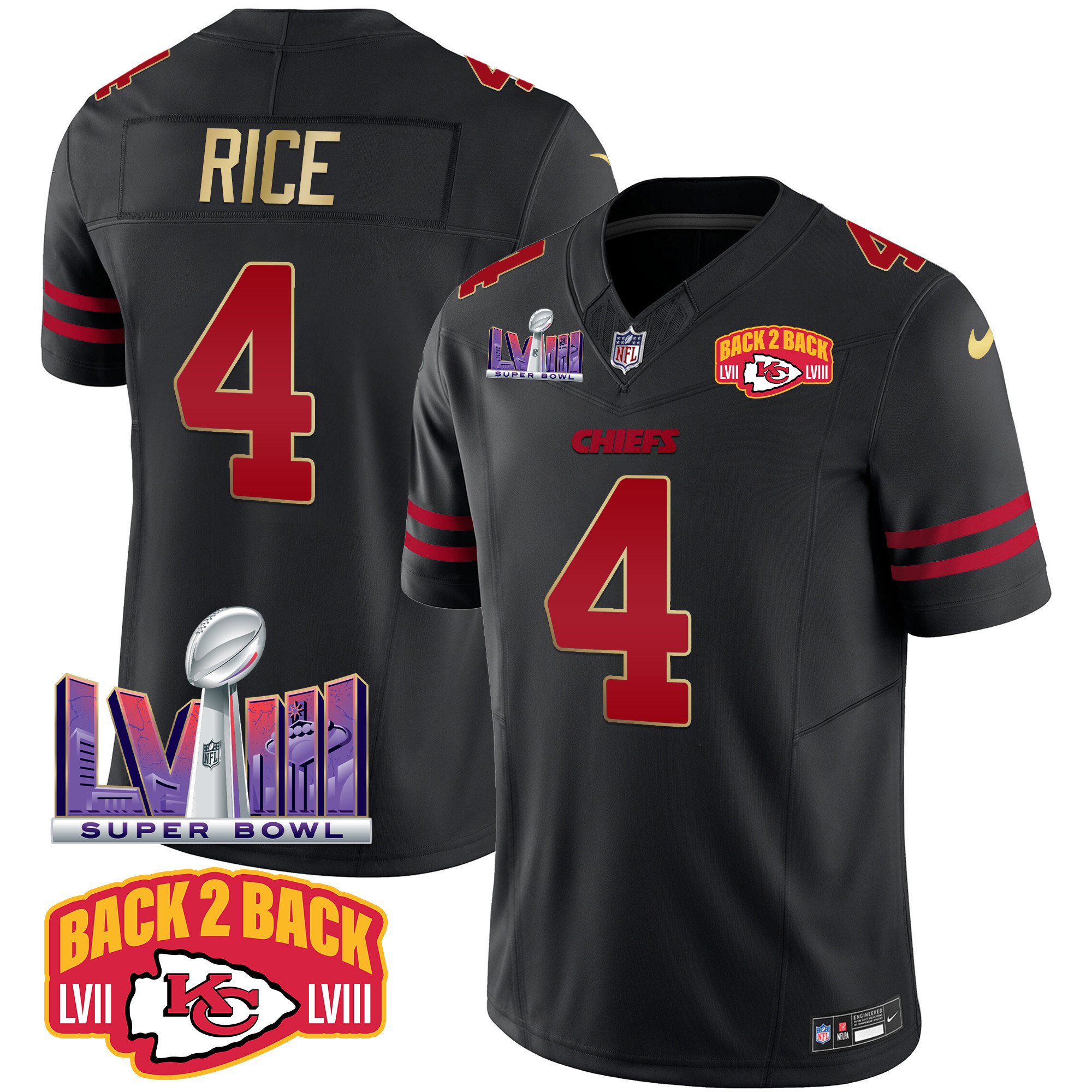 Rashee Rice Men's Kansas City Chiefs Super Bowl LVIII & Back 2 Back Patch Vapor Gold Trim Jersey - All Stitched