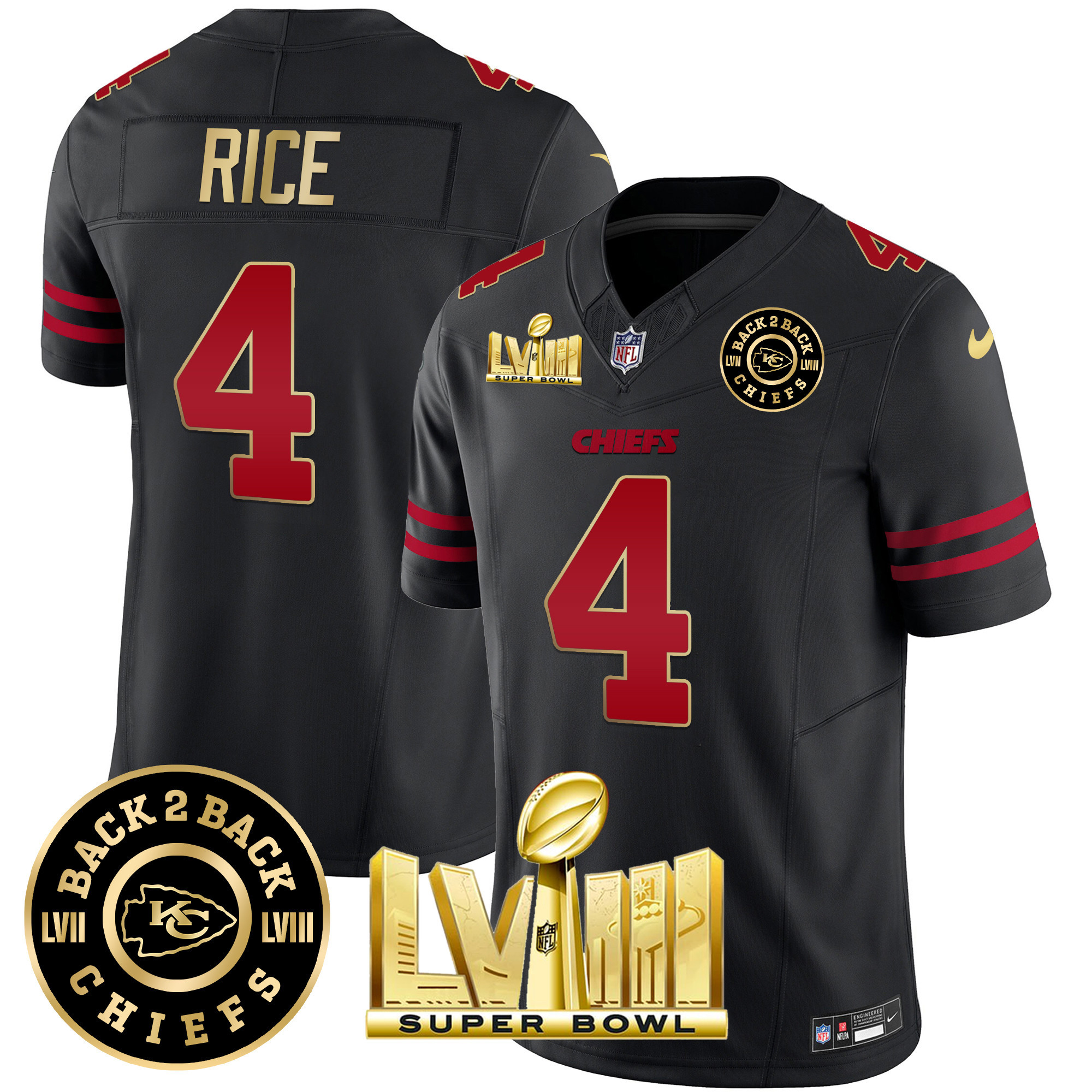 Rashee Rice Men's Kansas City Chiefs Super Bowl LVIII & Back 2 Back Patch Vapor Gold Trim Jersey - All Stitched