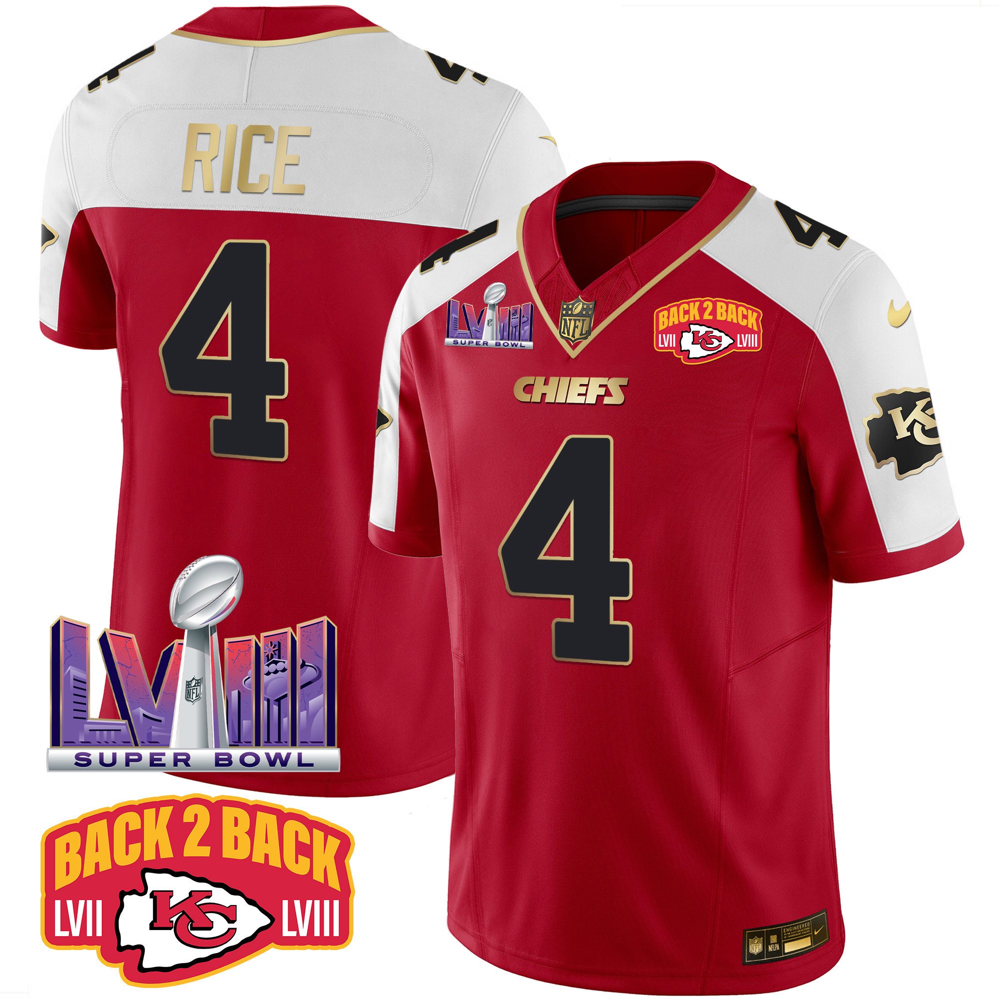 Rashee Rice Men's Kansas City Chiefs Super Bowl LVIII & Back 2 Back Patch Vapor Red Alternate Jersey - All Stitched