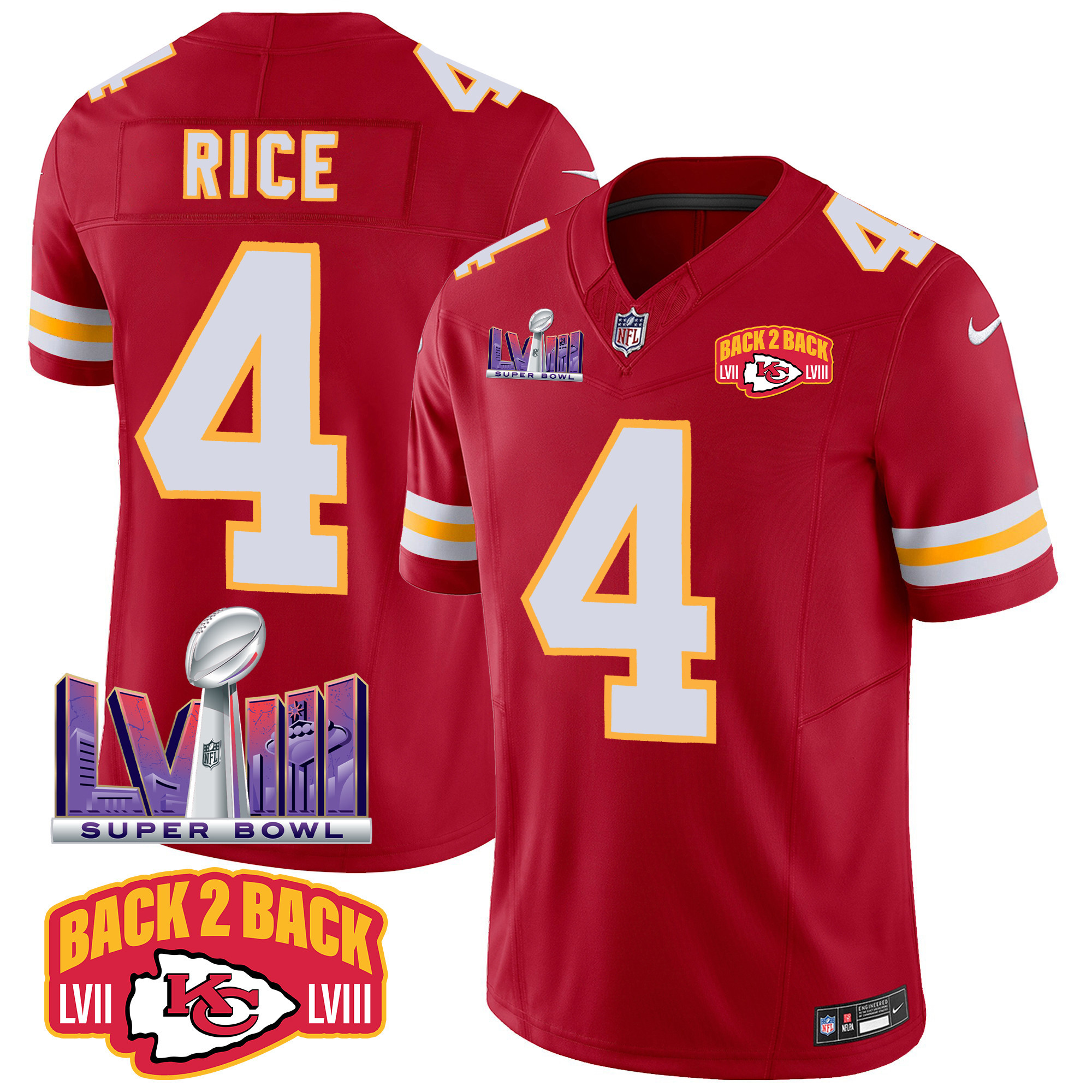 Rashee Rice Men's Kansas City Chiefs Super Bowl LVIII & Back 2 Back Patch Vapor Red Jersey - All Stitched