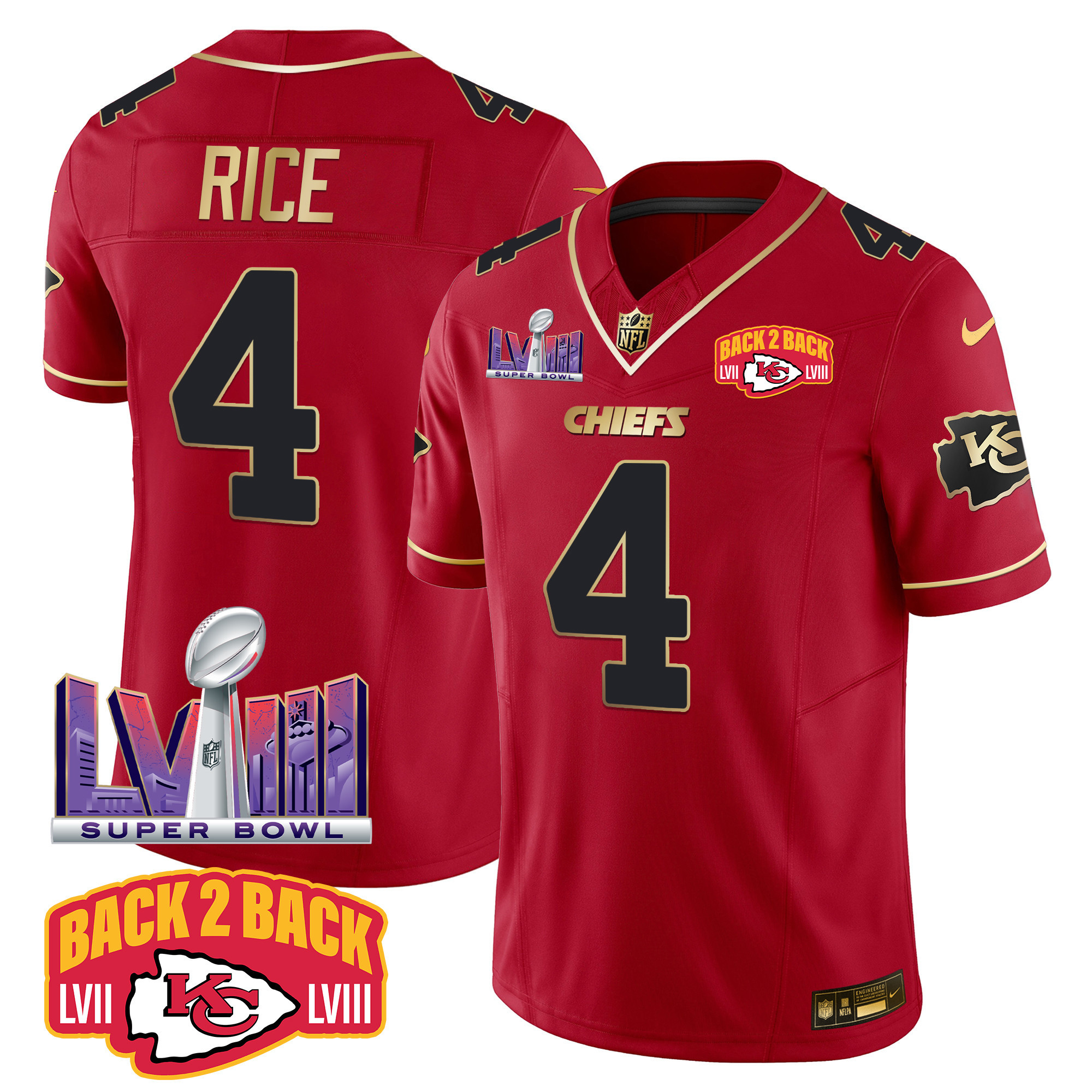 Rashee Rice Men's Kansas City Chiefs Super Bowl LVIII & Back 2 Back Patch Vapor Red Special Jersey - All Stitched