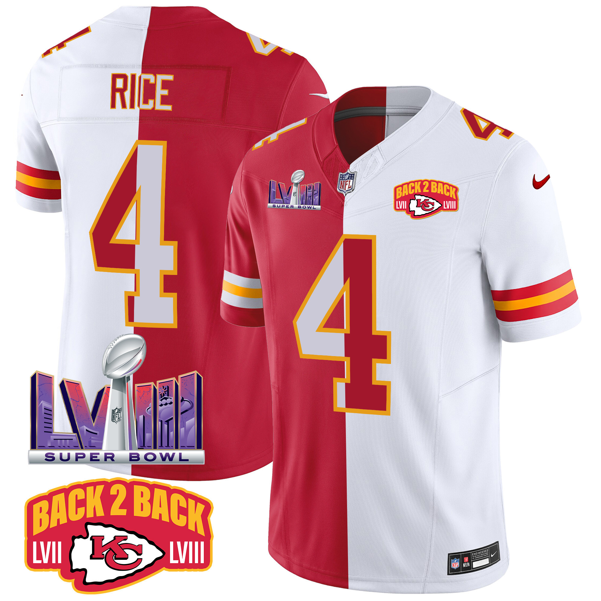 Rashee Rice Men's Kansas City Chiefs Super Bowl LVIII & Back 2 Back Patch Vapor Split Jersey - All Stitched