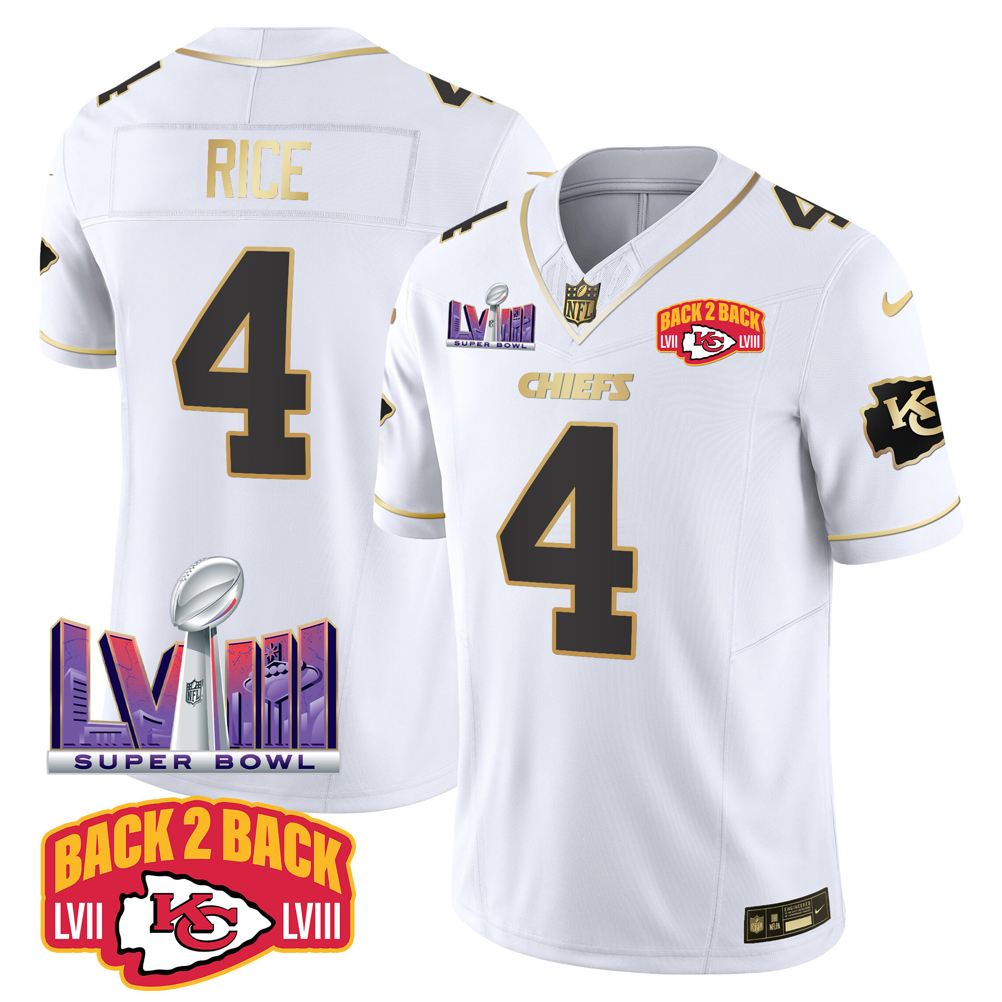 Rashee Rice Men's Kansas City Chiefs Super Bowl LVIII & Back 2 Back Patch Vapor White Gold Jersey - All Stitched