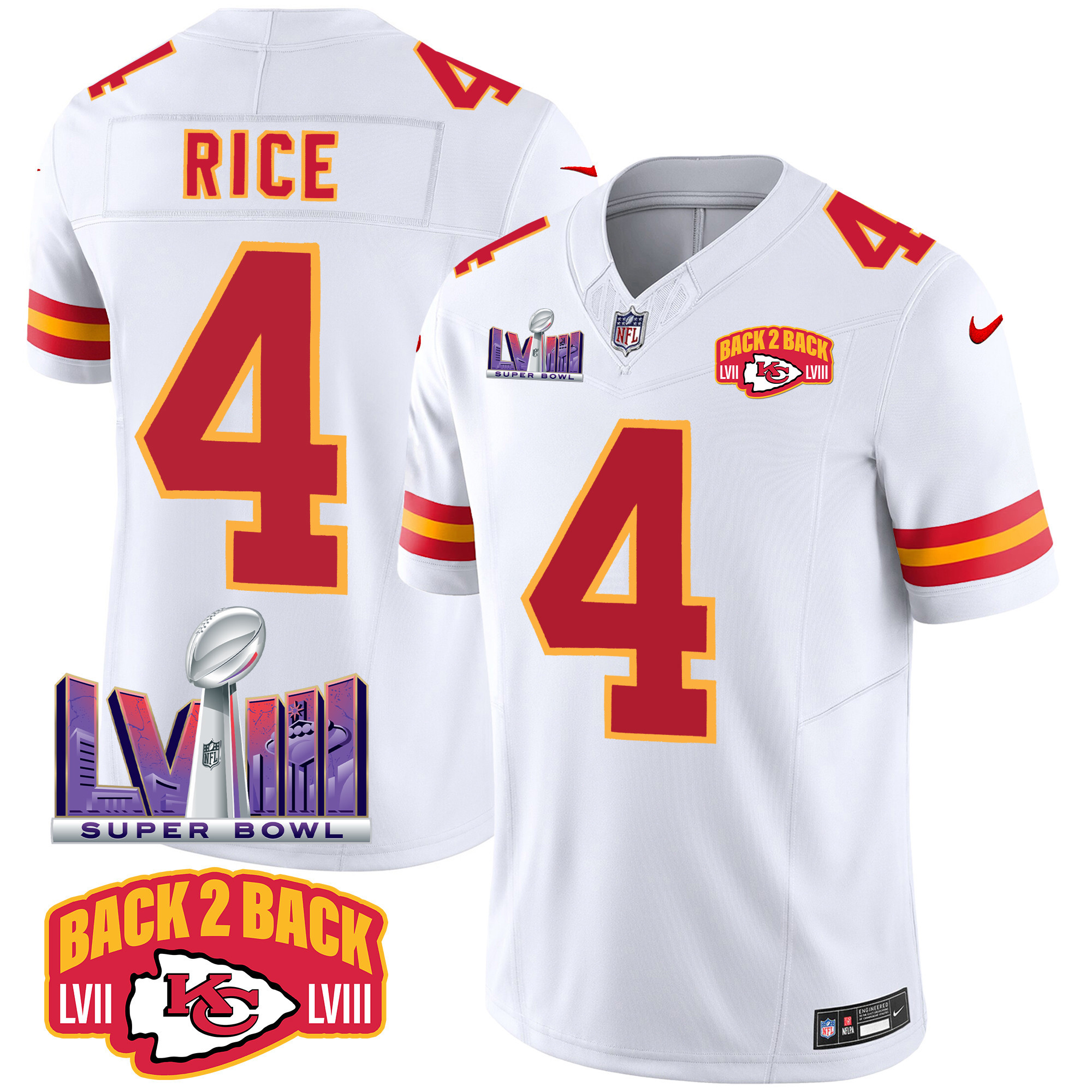 Rashee Rice Men's Kansas City Chiefs Super Bowl LVIII & Back 2 Back Patch Vapor White Jersey - All Stitched