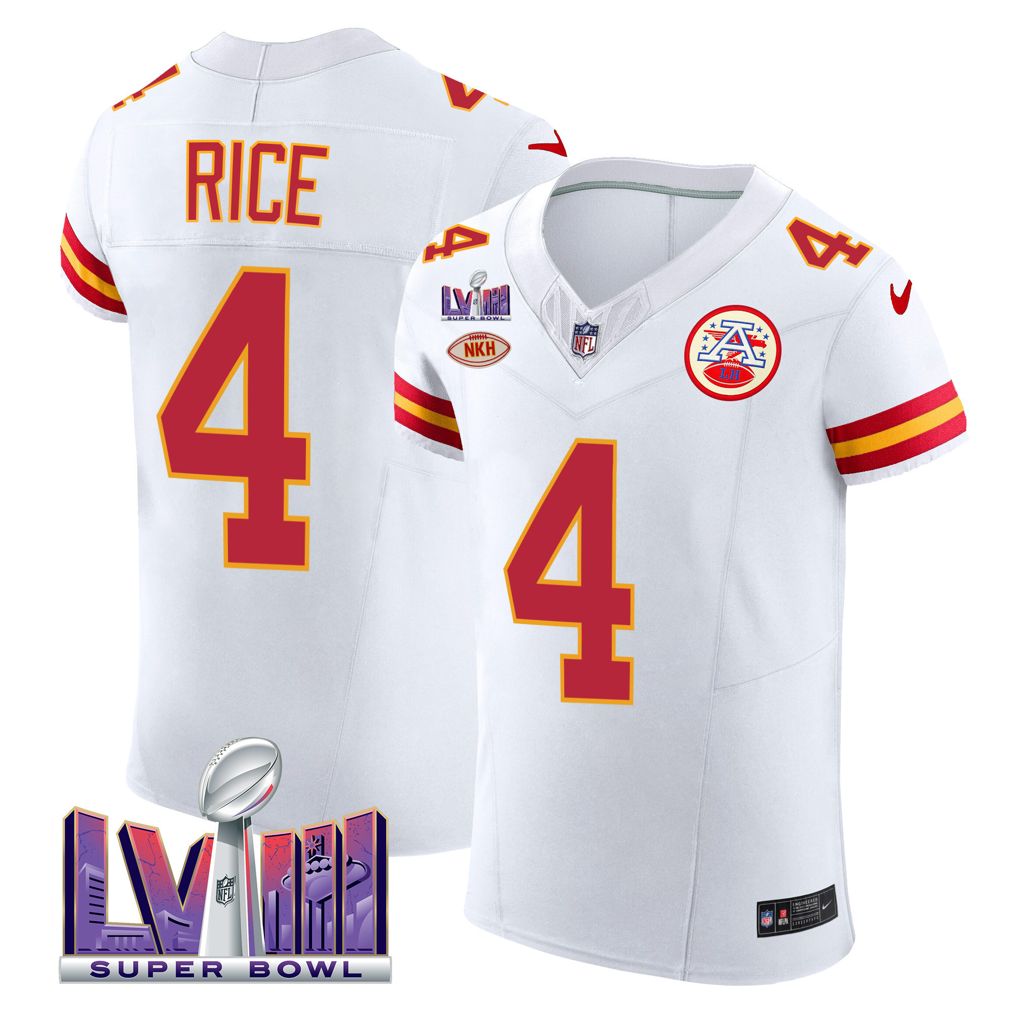 Rashee Rice Men's Kansas City Chiefs Super Bowl LVIII Gold Patch Vapor Elite White Jersey - All Stitched
