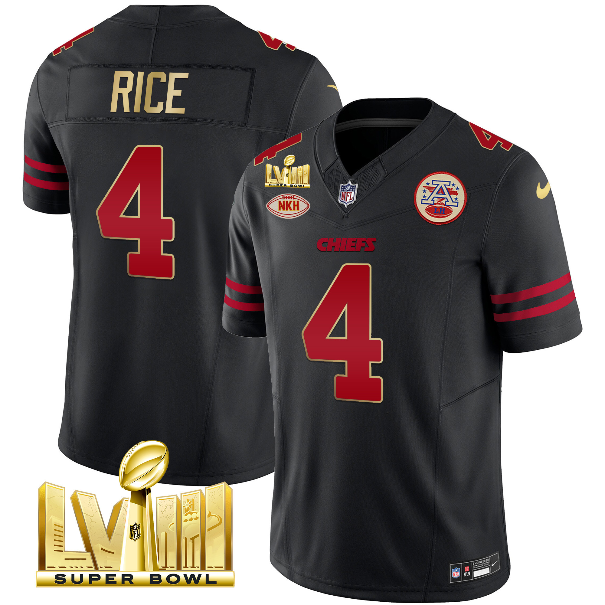Rashee Rice Men's Kansas City Chiefs Super Bowl LVIII Gold Patch Vapor Gold Trim Jersey - All Stitched