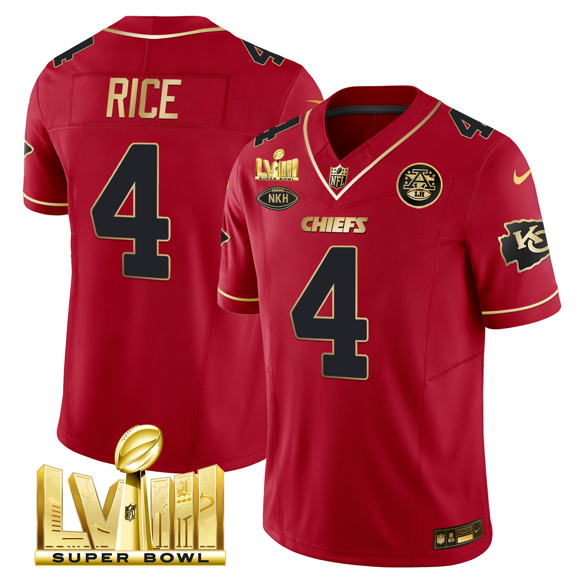 Rashee Rice Men's Kansas City Chiefs Super Bowl LVIII Gold Patch Vapor Red Special Jersey - All Stitched