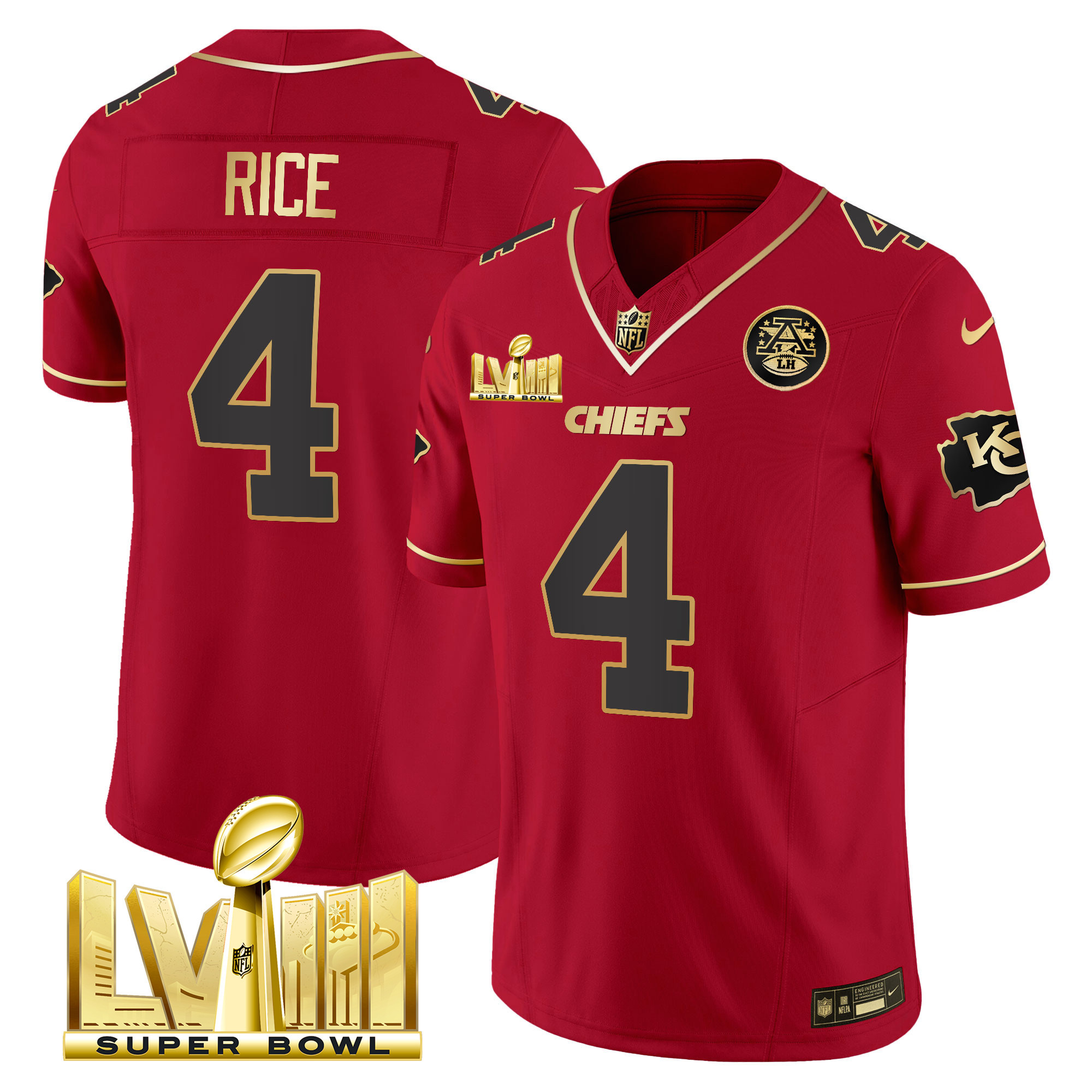 Rashee Rice Men's Kansas City Chiefs Super Bowl LVIII Gold Patch Vapor Red Special Jersey - All Stitched