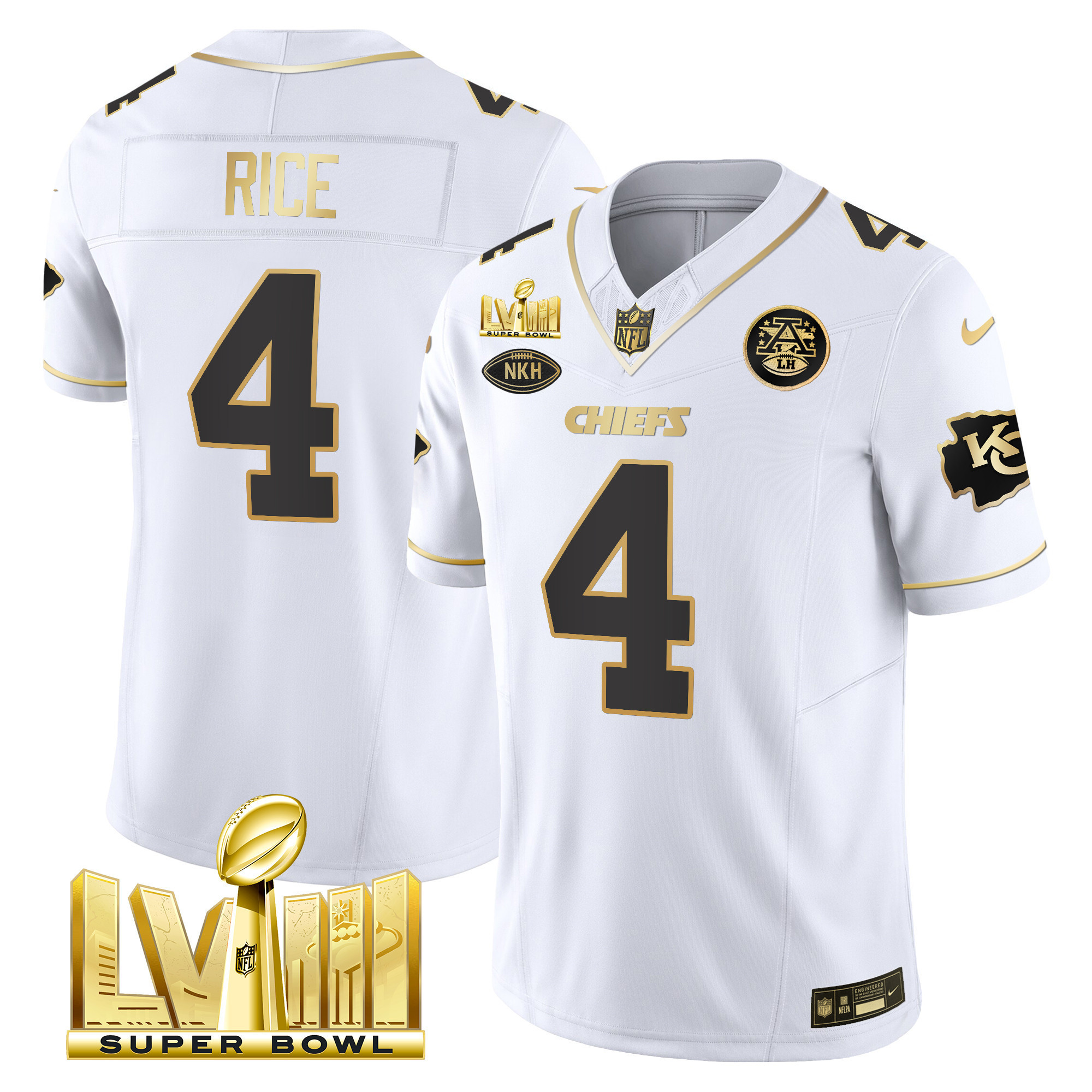 Rashee Rice Men's Kansas City Chiefs Super Bowl LVIII Gold Patch Vapor White Gold Jersey - All Stitched