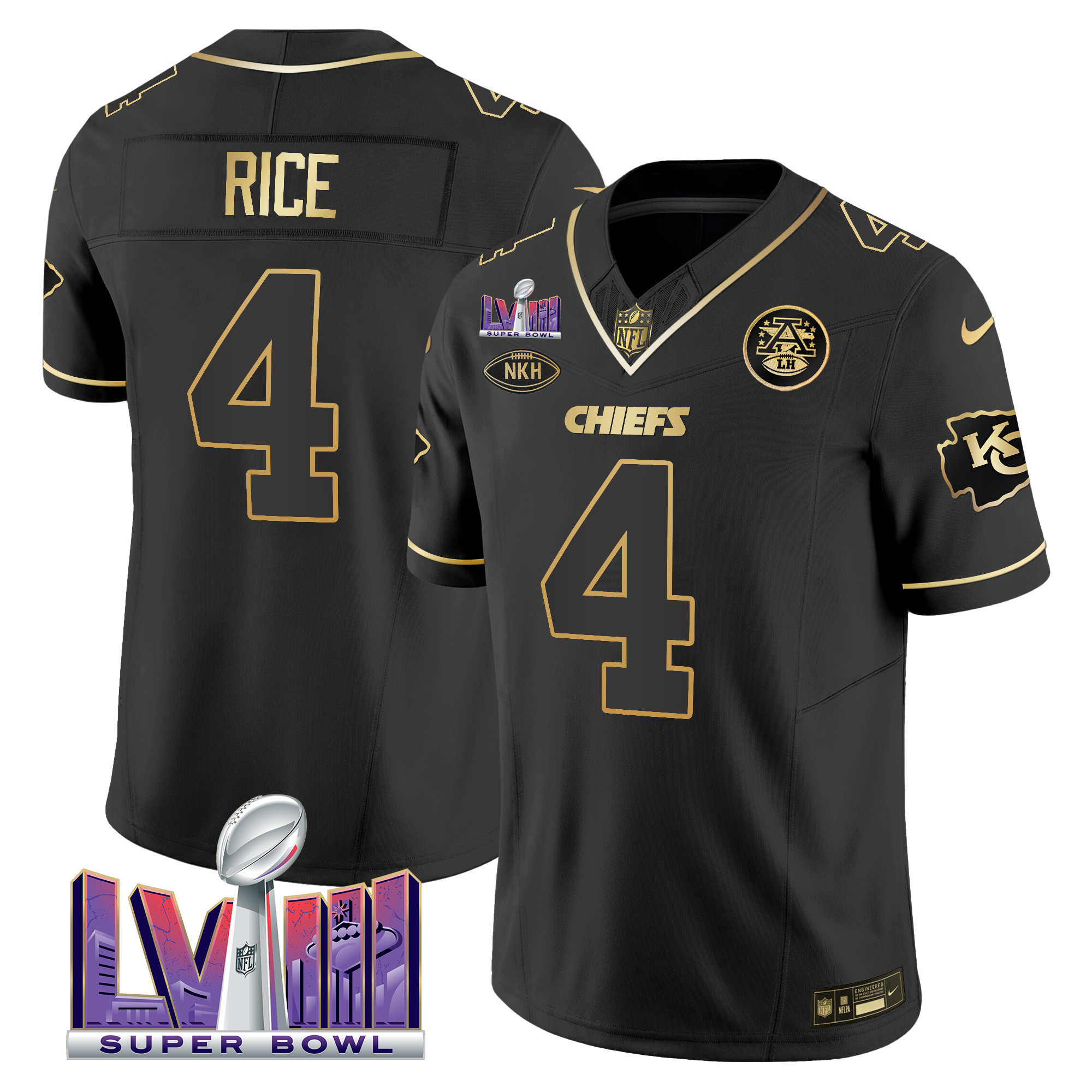 Rashee Rice Men's Kansas City Chiefs Super Bowl LVIII Patch Vapor Black Gold Jersey - All Stitched