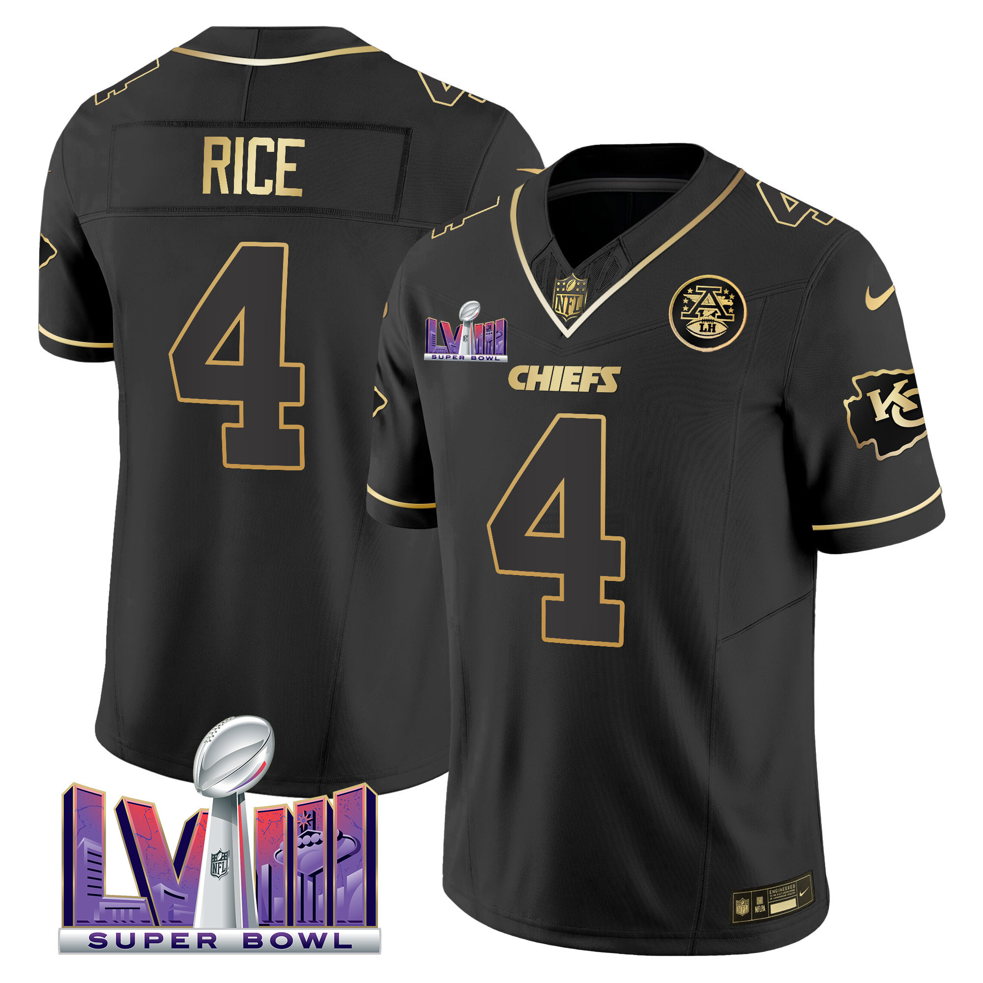 Rashee Rice Men's Kansas City Chiefs Super Bowl LVIII Patch Vapor Black Gold Jersey - All Stitched