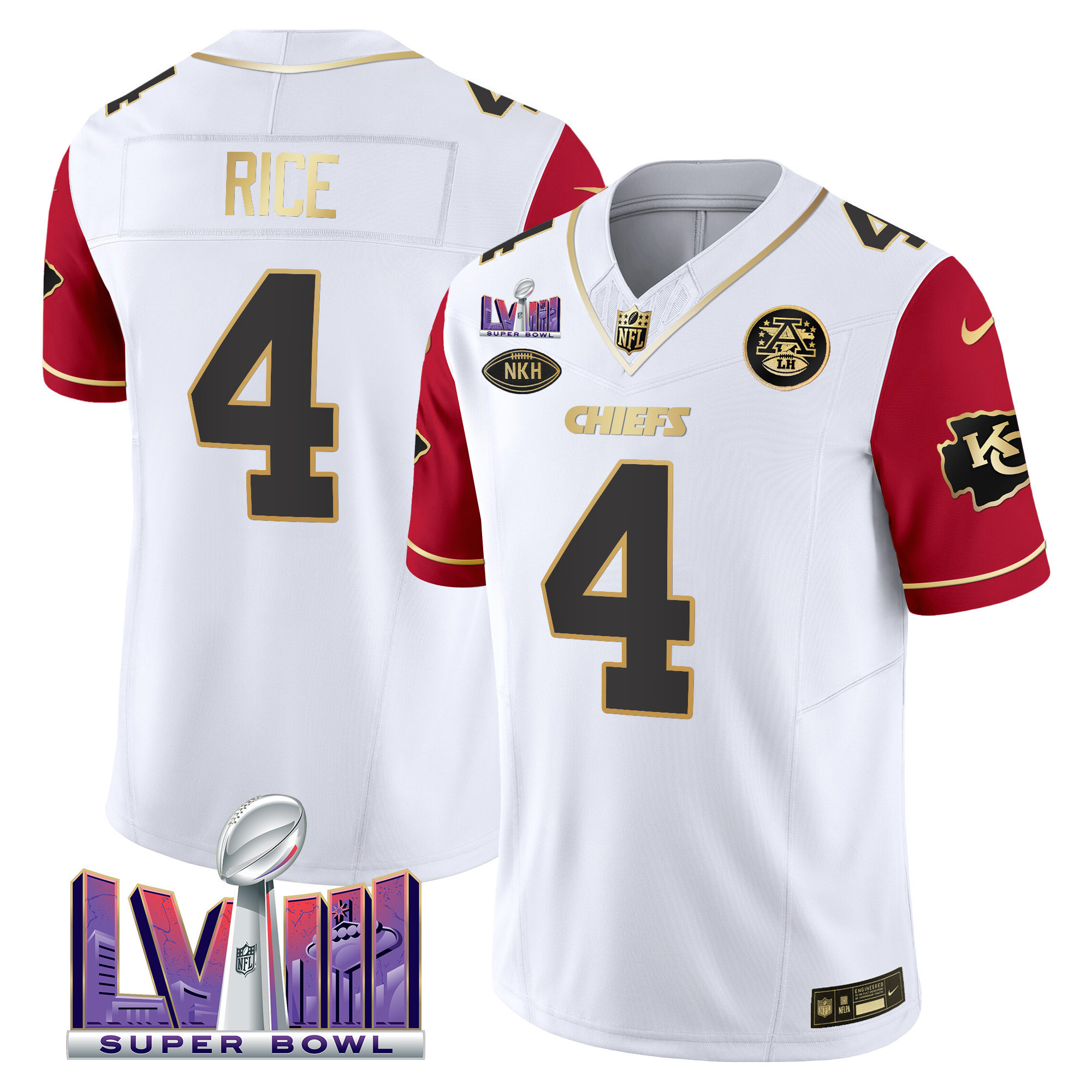 Rashee Rice Men's Kansas City Chiefs Super Bowl LVIII Patch Vapor Color Sleeves Jersey - All Stitched