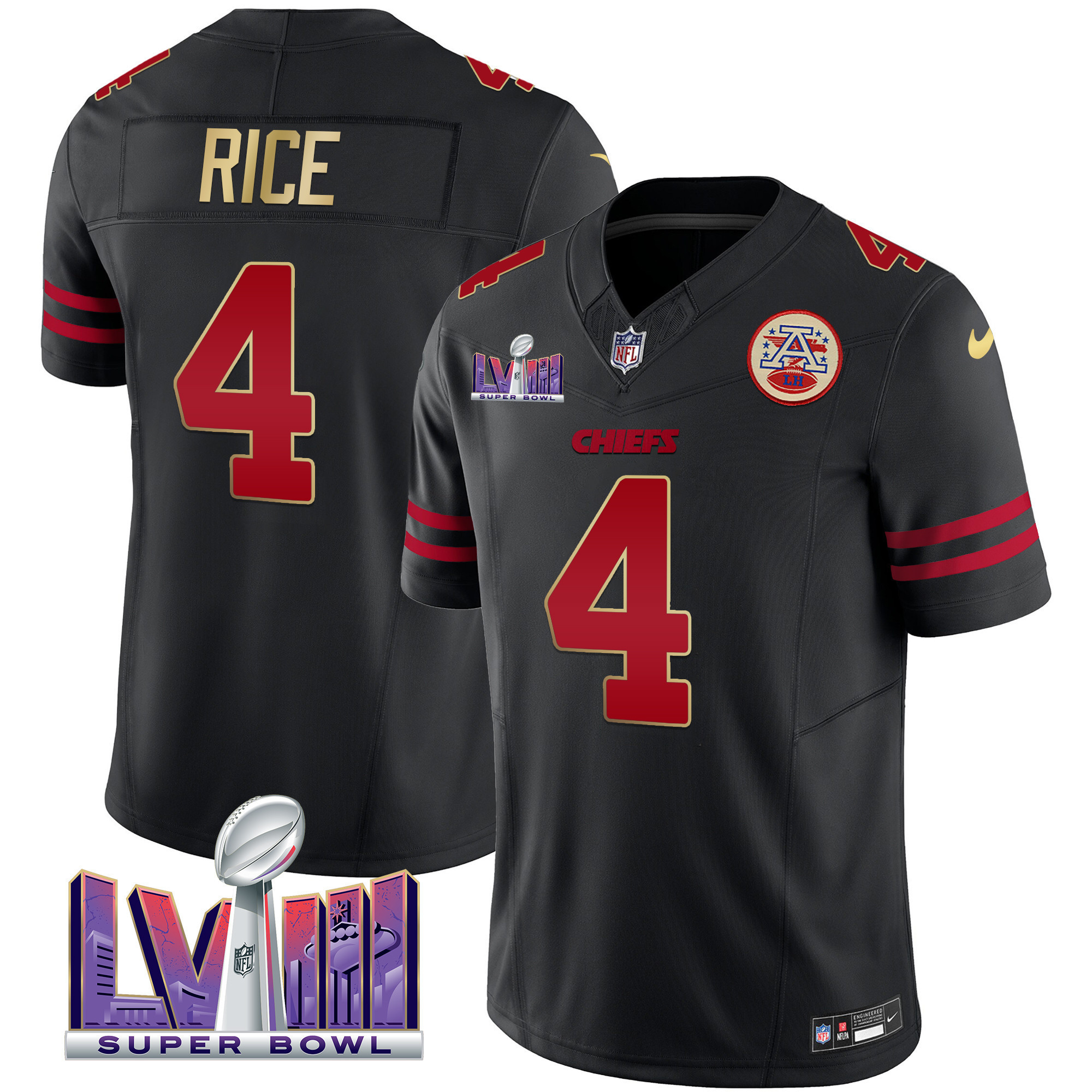 Rashee Rice Men's Kansas City Chiefs Super Bowl LVIII Patch Vapor Gold Trim Jersey - All Stitched