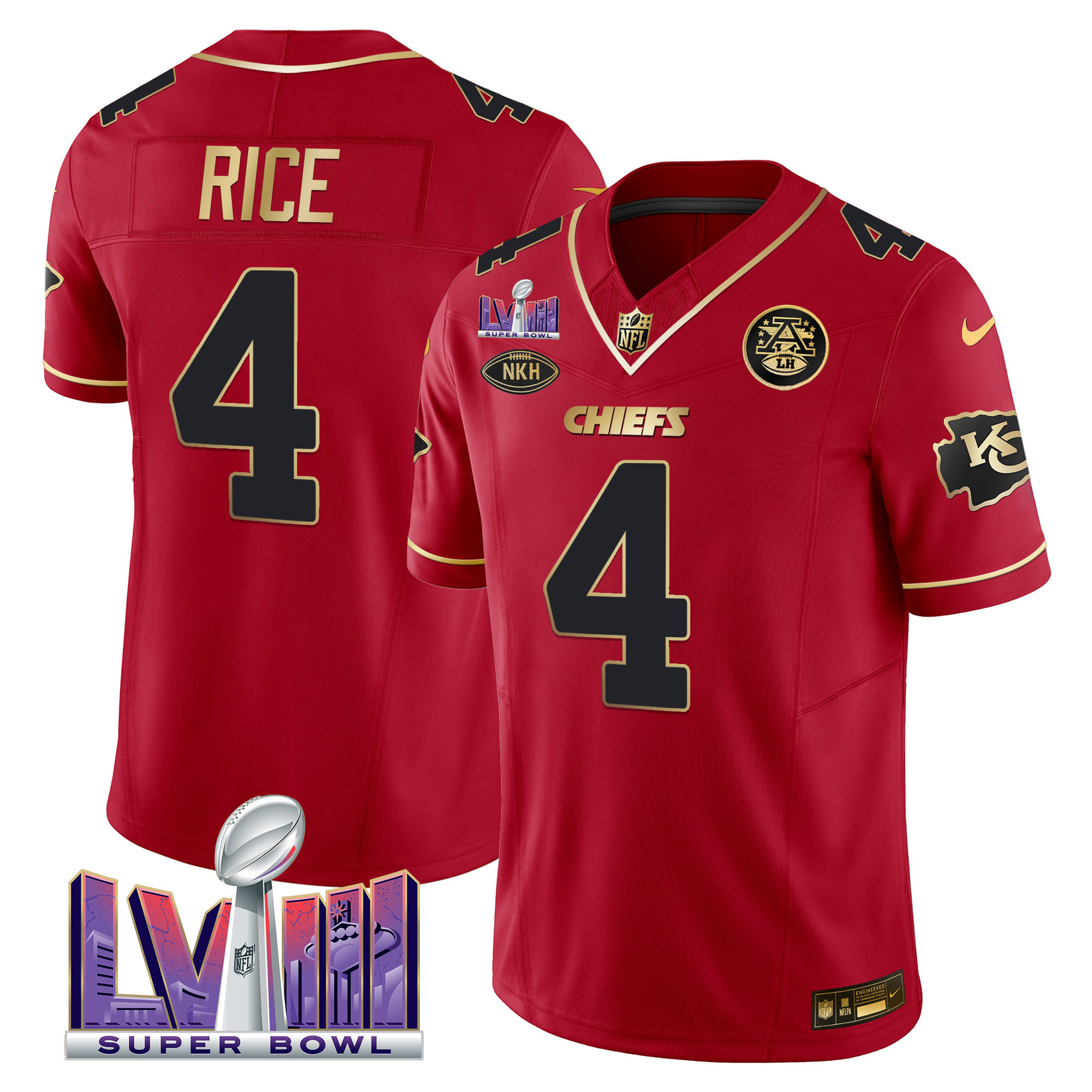 Rashee Rice Men's Kansas City Chiefs Super Bowl LVIII Patch Vapor Red Gold Jersey - All Stitched