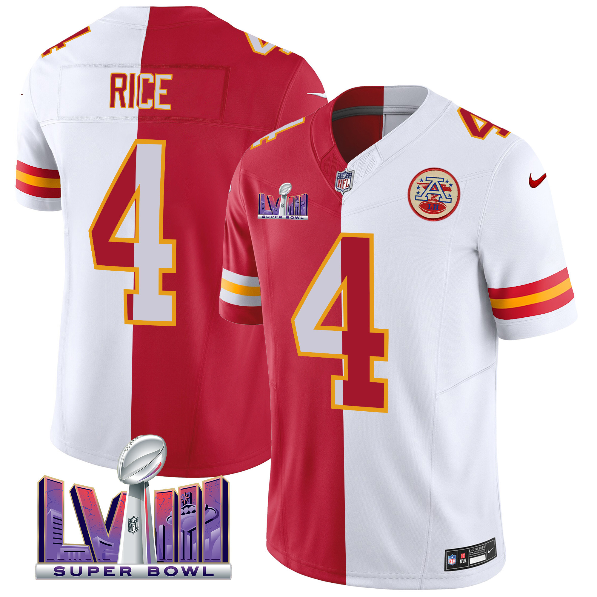 Rashee Rice Men's Kansas City Chiefs Super Bowl LVIII Patch Vapor Split Jersey - All Stitched