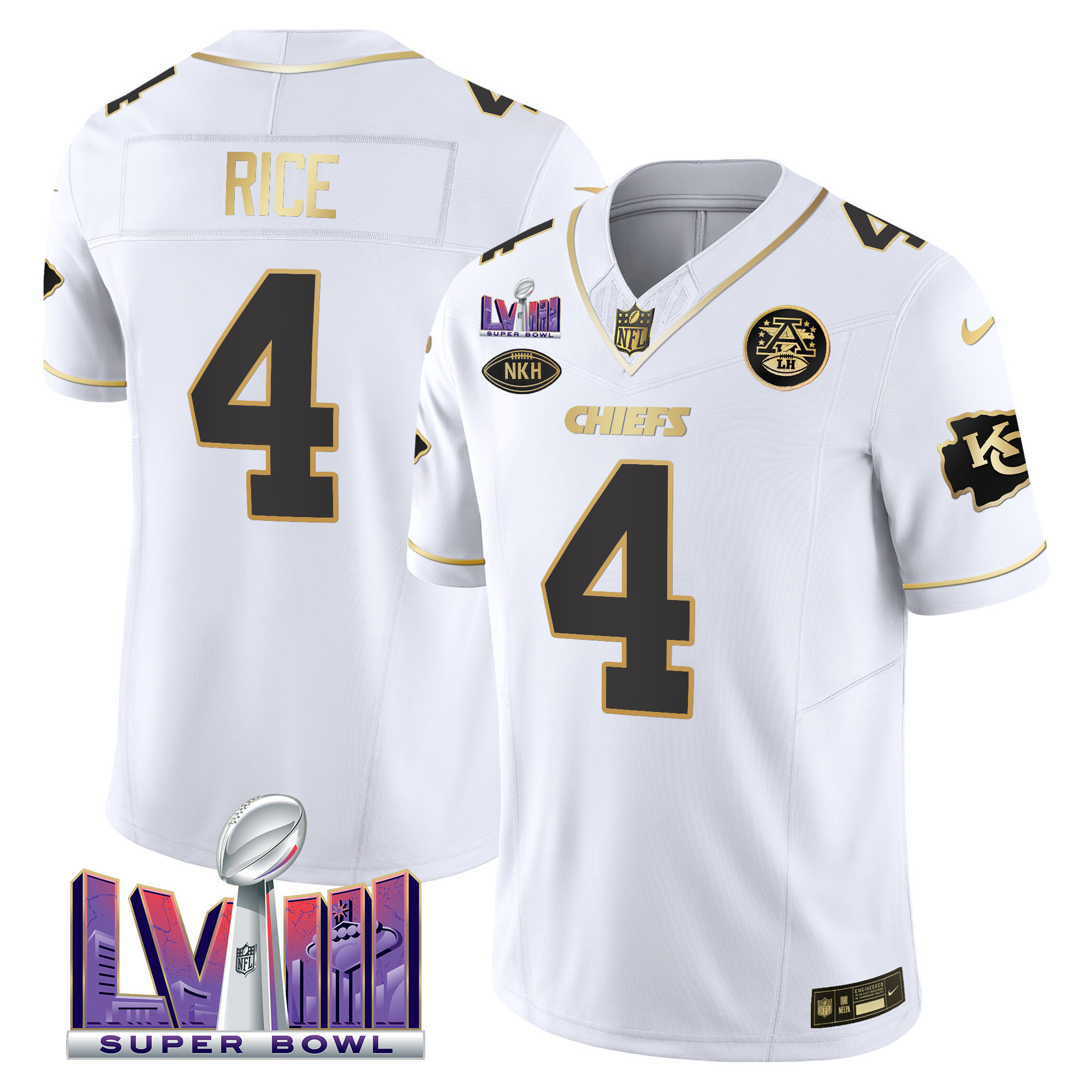 Rashee Rice Men's Kansas City Chiefs Super Bowl LVIII Patch Vapor White Gold Jersey - All Stitched