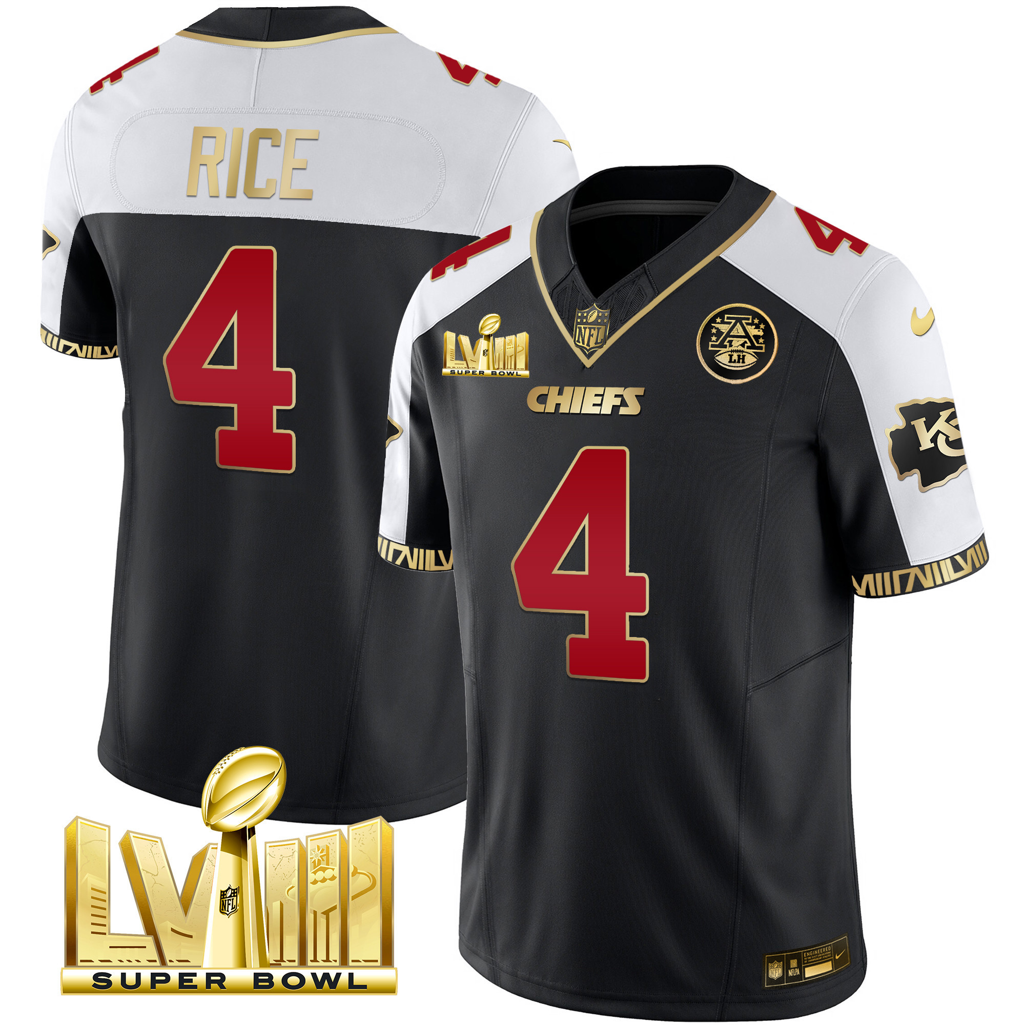 Rashee Rice Men's Kansas City Chiefs Super Bowl LVIII Pattern Gold Vapor Black Alternate Jersey - All Stitched