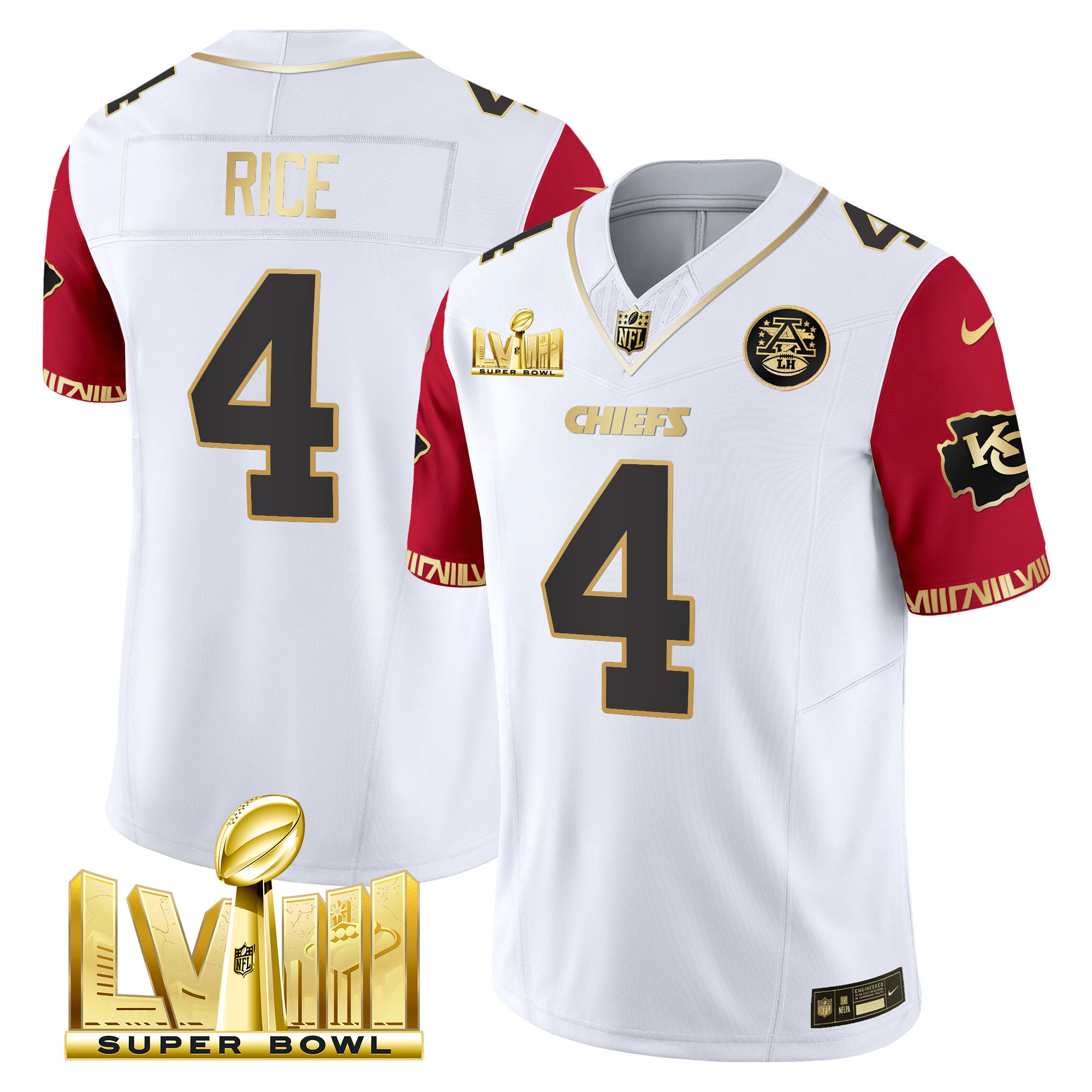 Rashee Rice Men's Kansas City Chiefs Super Bowl LVIII Pattern Gold Vapor Color Sleeves Jersey - All Stitched