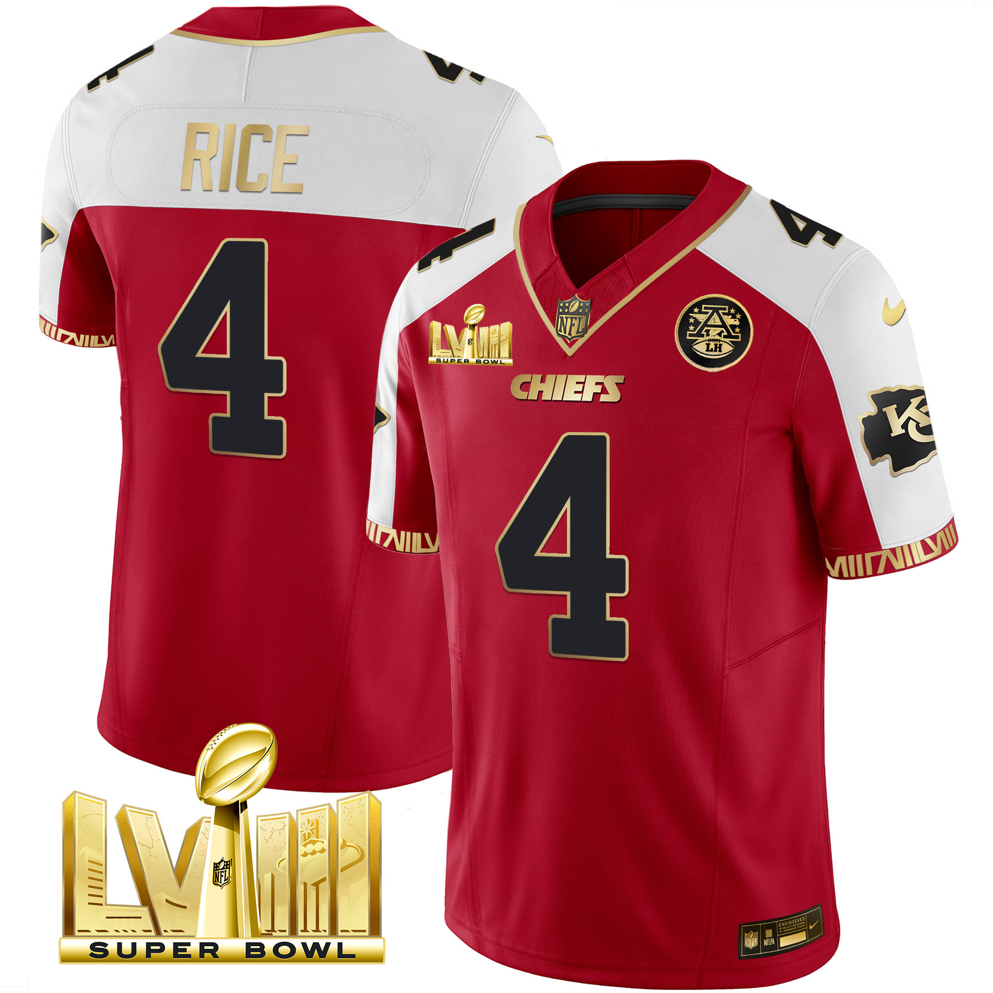 Rashee Rice Men's Kansas City Chiefs Super Bowl LVIII Pattern Gold Vapor Red Alternate Jersey - All Stitched