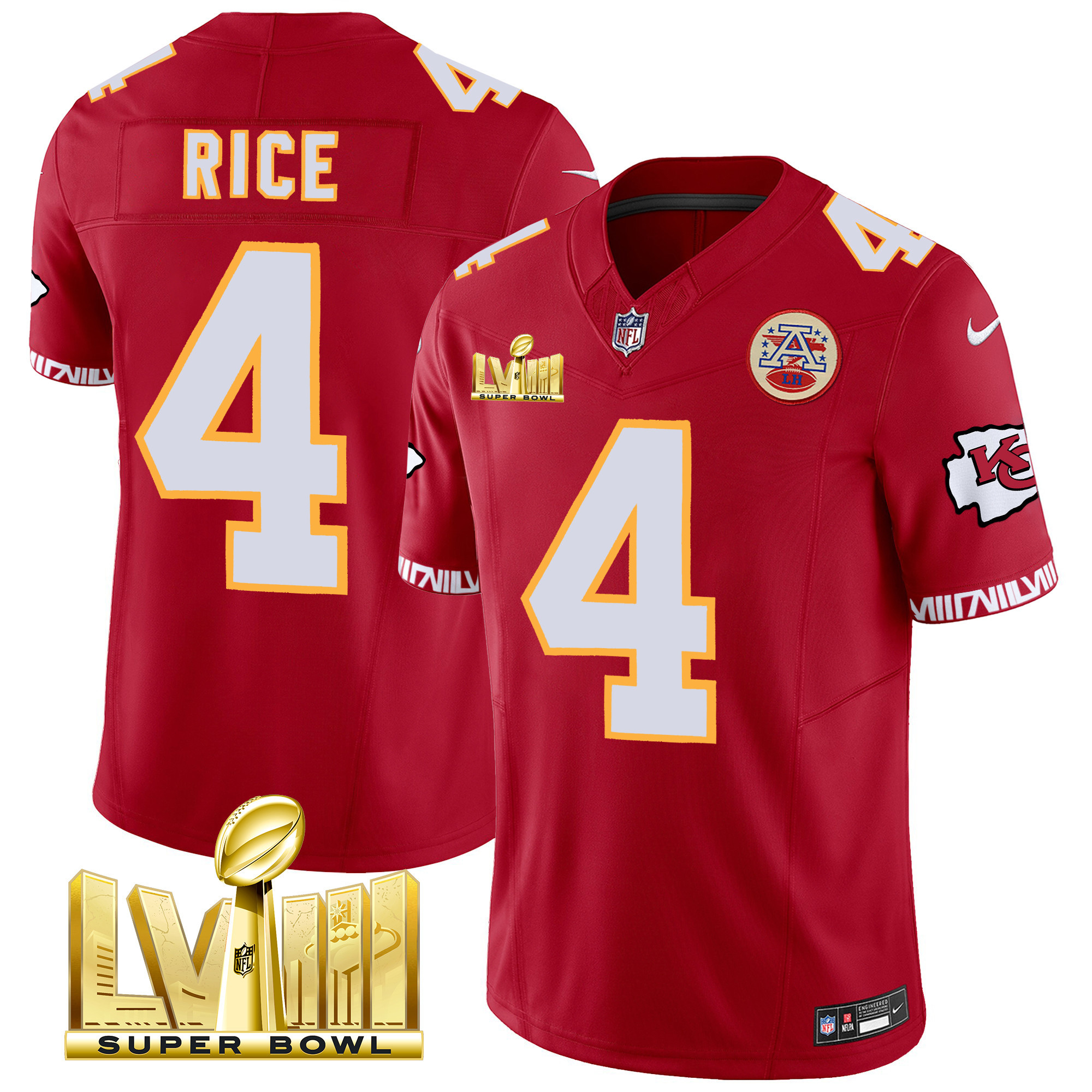 Rashee Rice Men's Kansas City Chiefs Super Bowl LVIII Pattern Gold Vapor Red Jersey - All Stitched