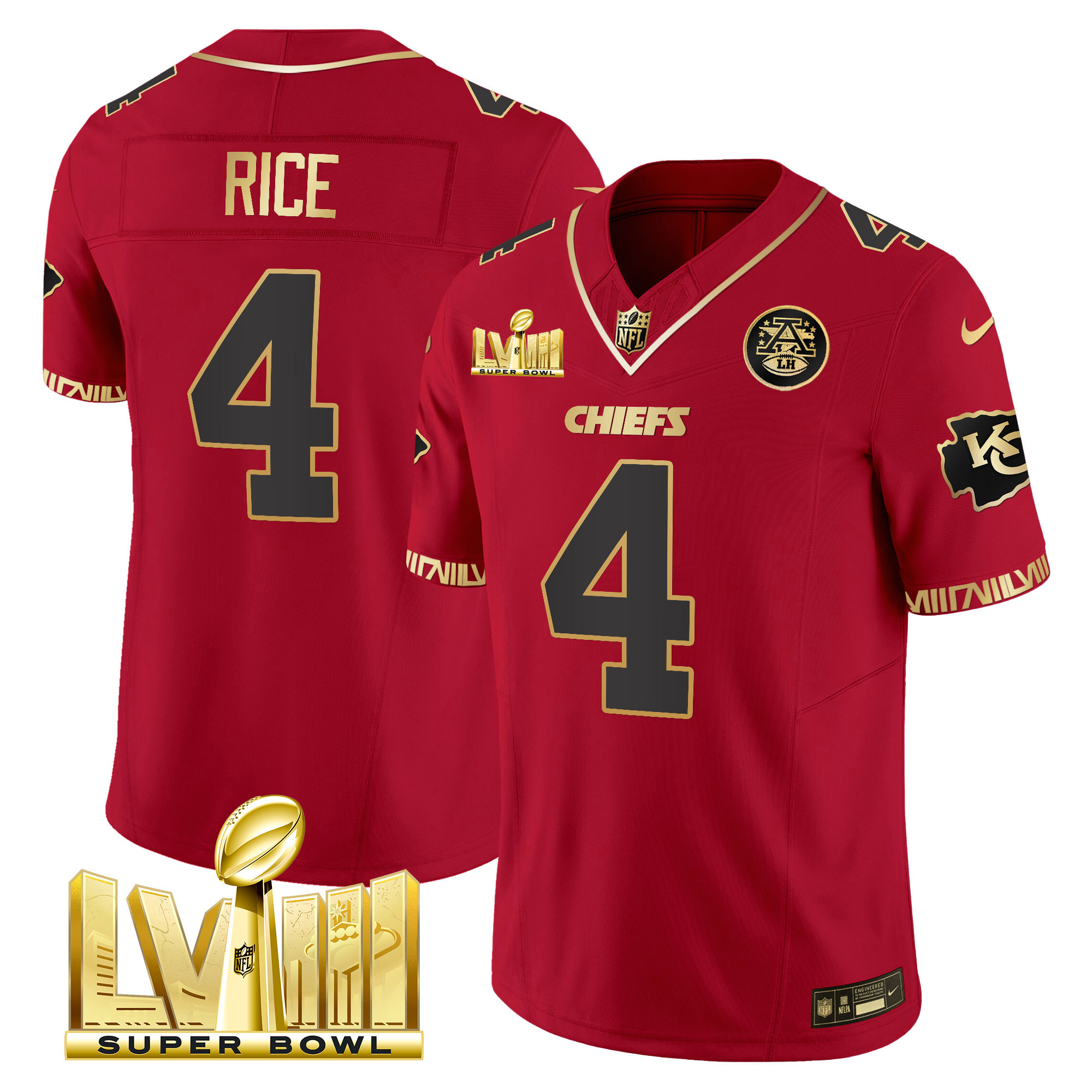 Rashee Rice Men's Kansas City Chiefs Super Bowl LVIII Pattern Gold Vapor Red Special Jersey - All Stitched