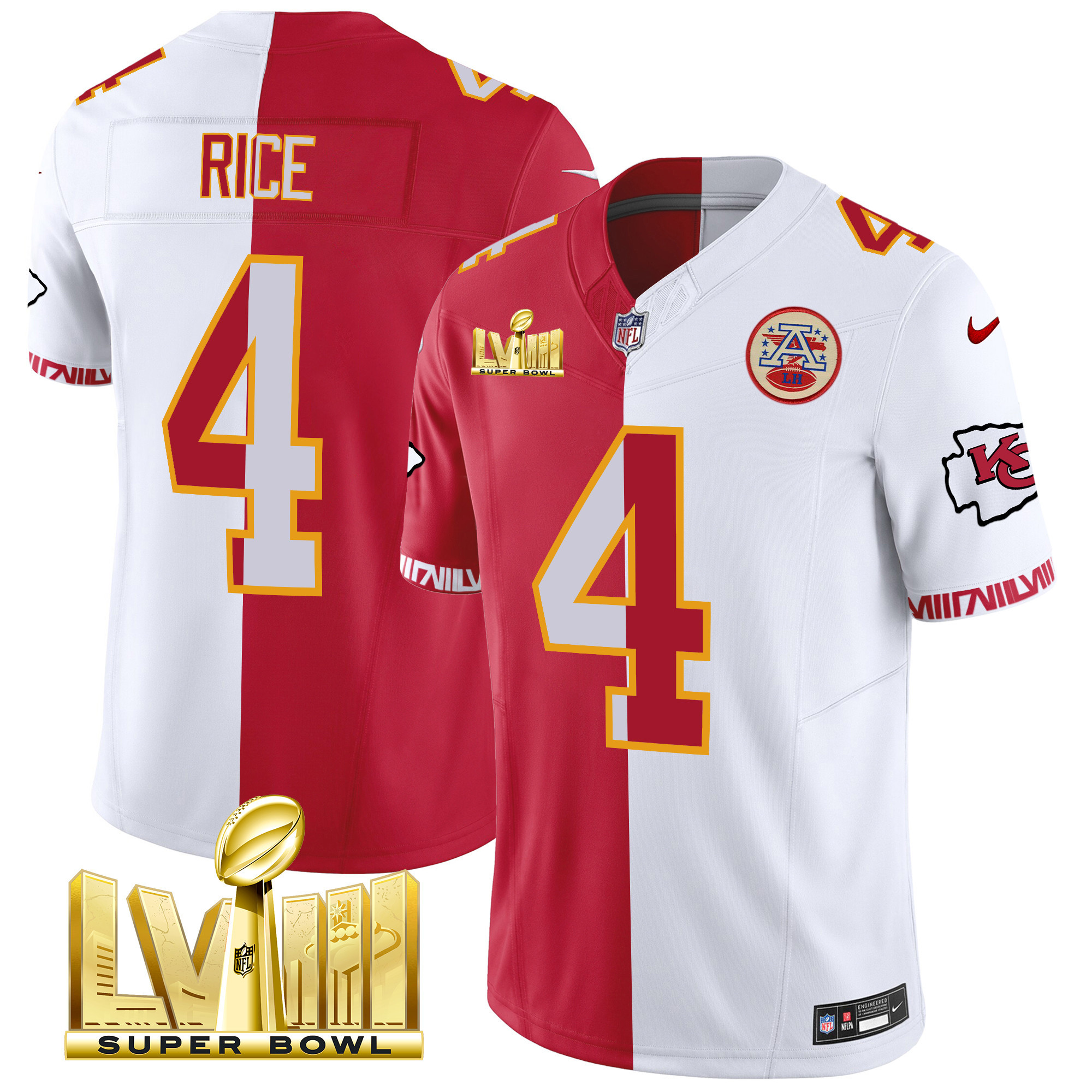 Rashee Rice Men's Kansas City Chiefs Super Bowl LVIII Pattern Gold Vapor Split Jersey - All Stitched