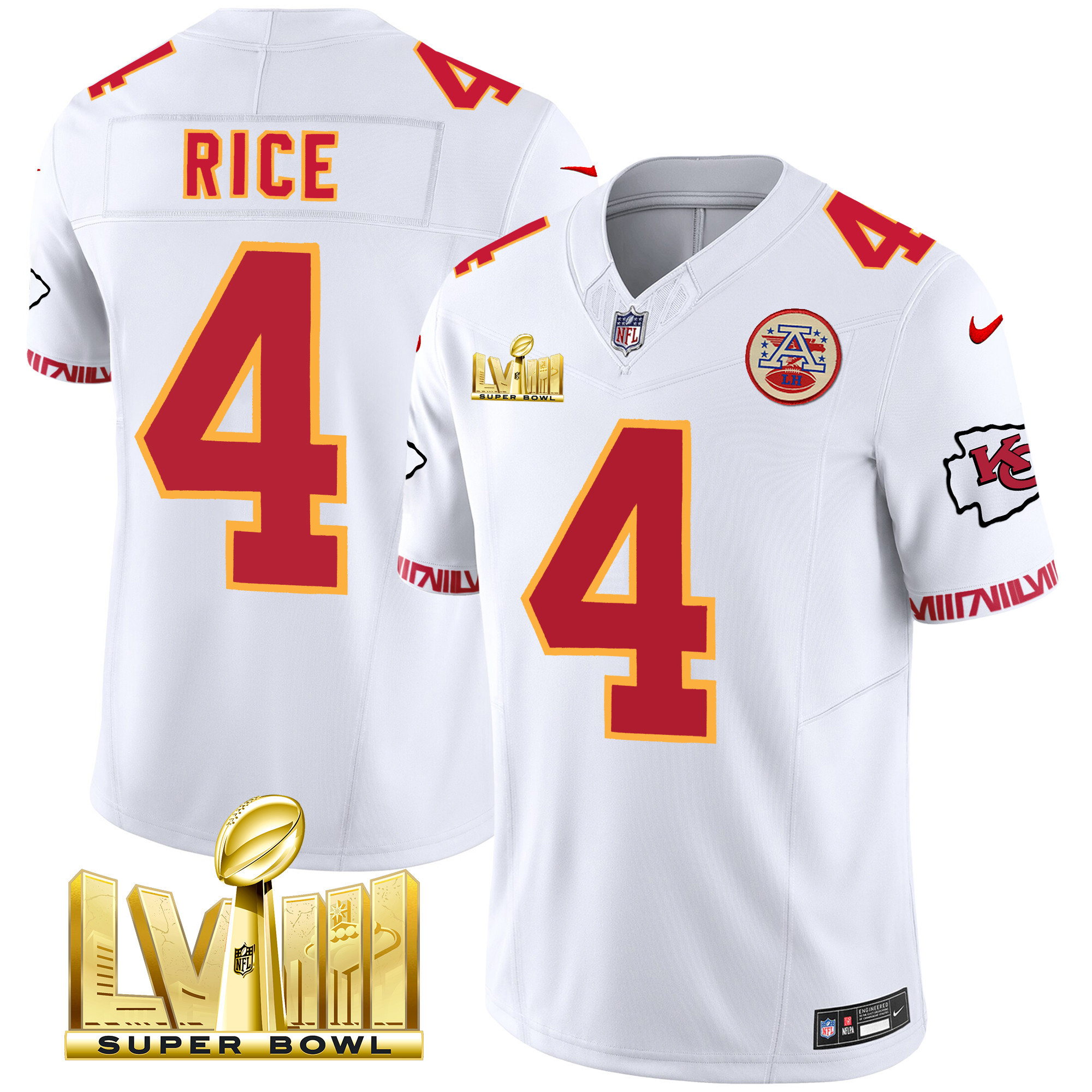 Rashee Rice Men's Kansas City Chiefs Super Bowl LVIII Pattern Gold Vapor White Jersey - All Stitched