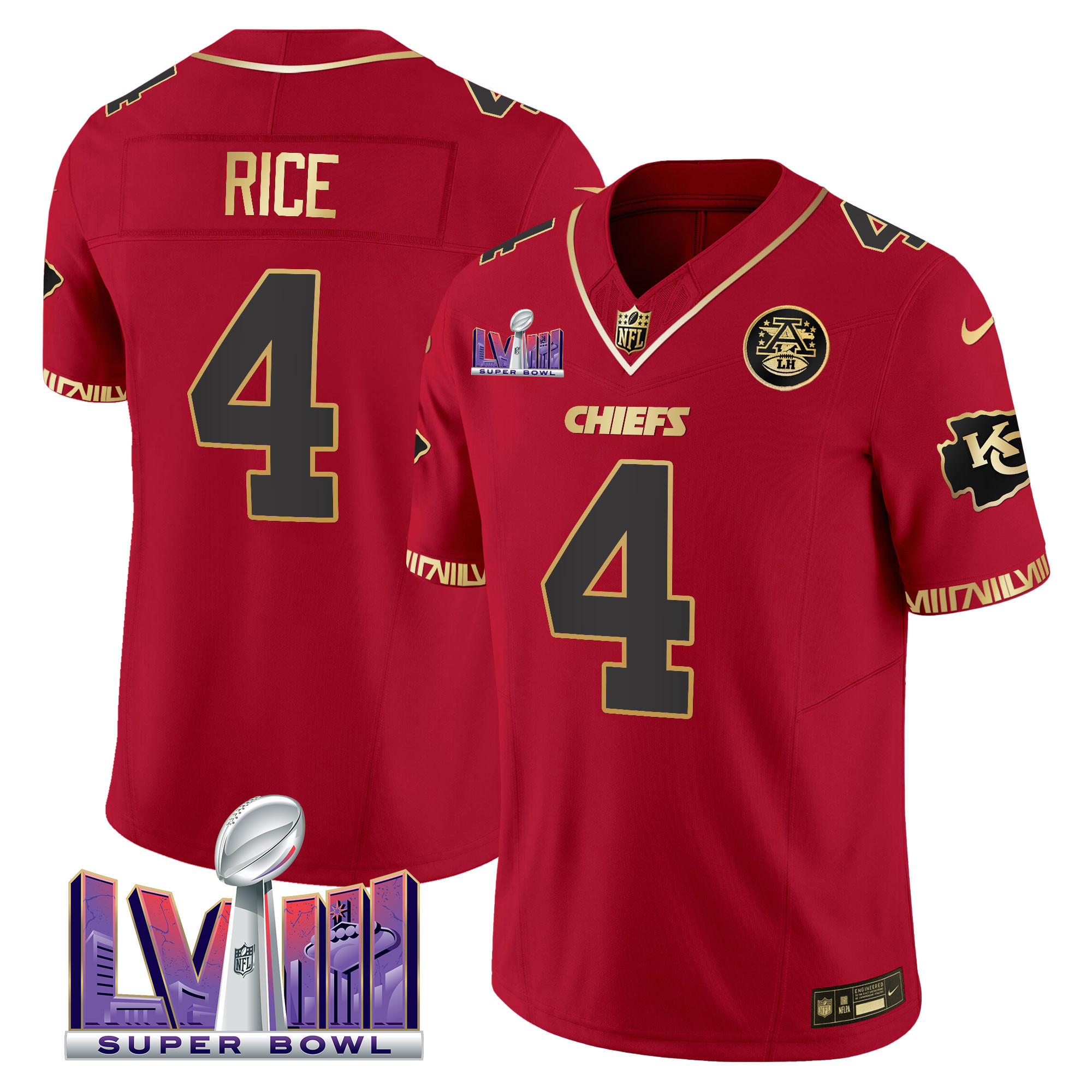 Rashee Rice Men's Kansas City Chiefs Super Bowl LVIII Pattern Vapor Red Gold Jersey - All Stitched