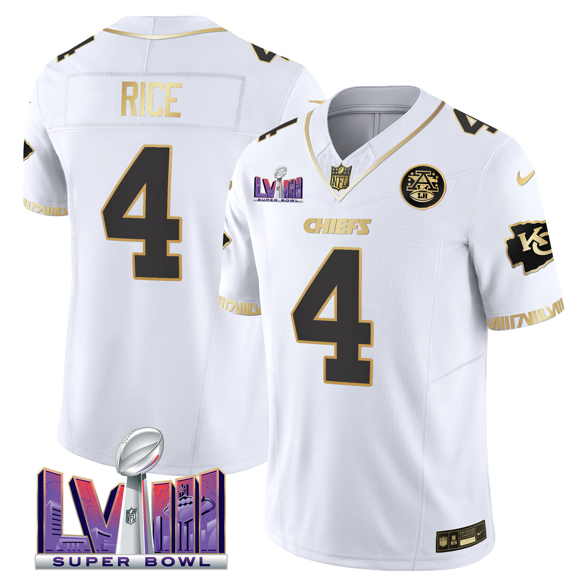 Rashee Rice Men's Kansas City Chiefs Super Bowl LVIII Pattern Vapor White Gold Jersey - All Stitched