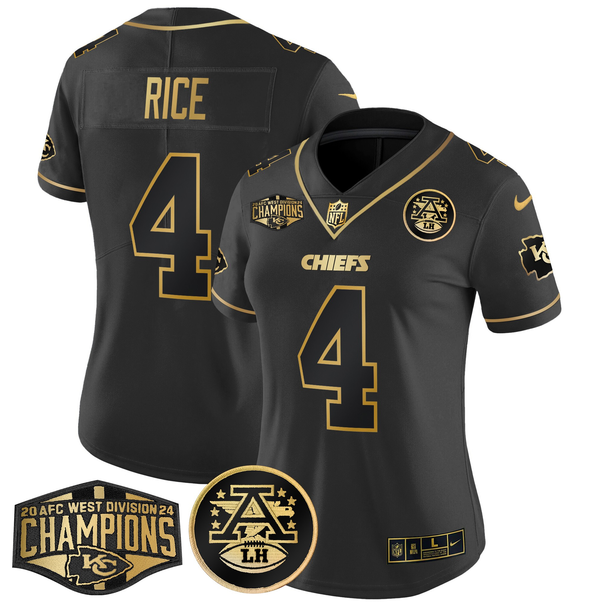Rashee Rice Women's Kansas City Chiefs 2024 AFC West Division Champions Patch Gold Vapor Limited Black Gold Jersey - All Stitched