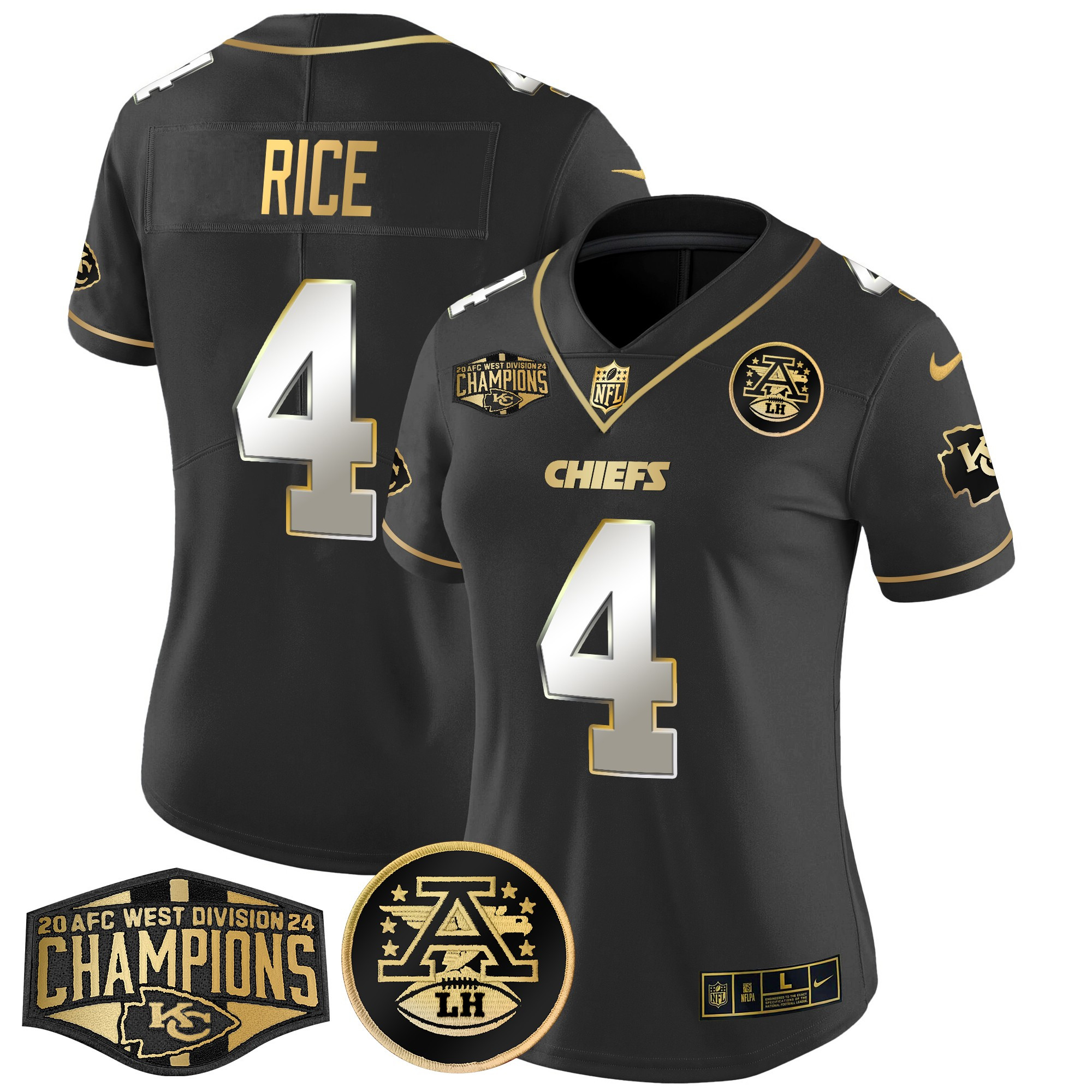 Rashee Rice Women's Kansas City Chiefs 2024 AFC West Division Champions Patch Gold Vapor Limited Black Limited Jersey - All Stitched