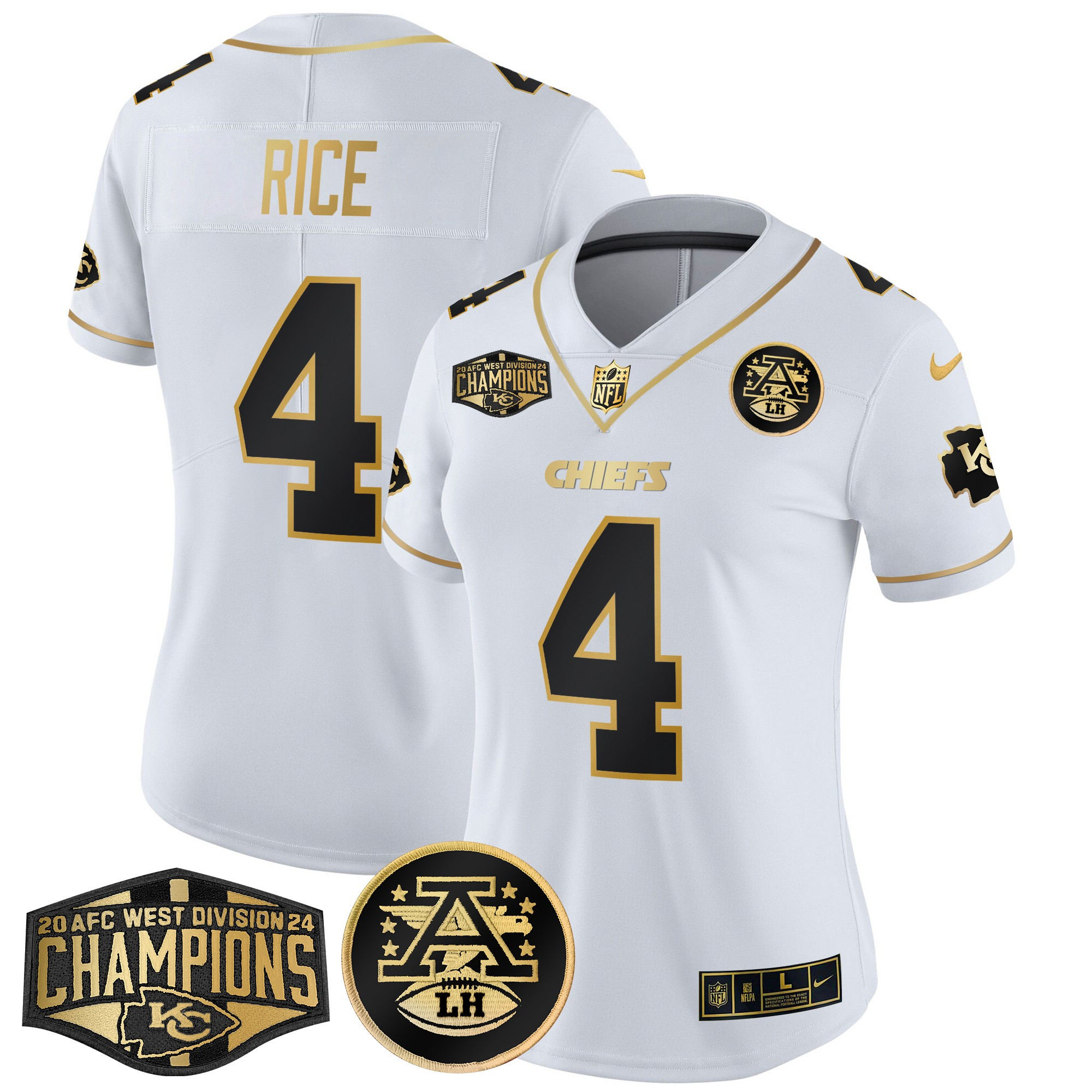 Rashee Rice Women's Kansas City Chiefs 2024 AFC West Division Champions Patch Gold Vapor Limited White Gold Jersey - All Stitched