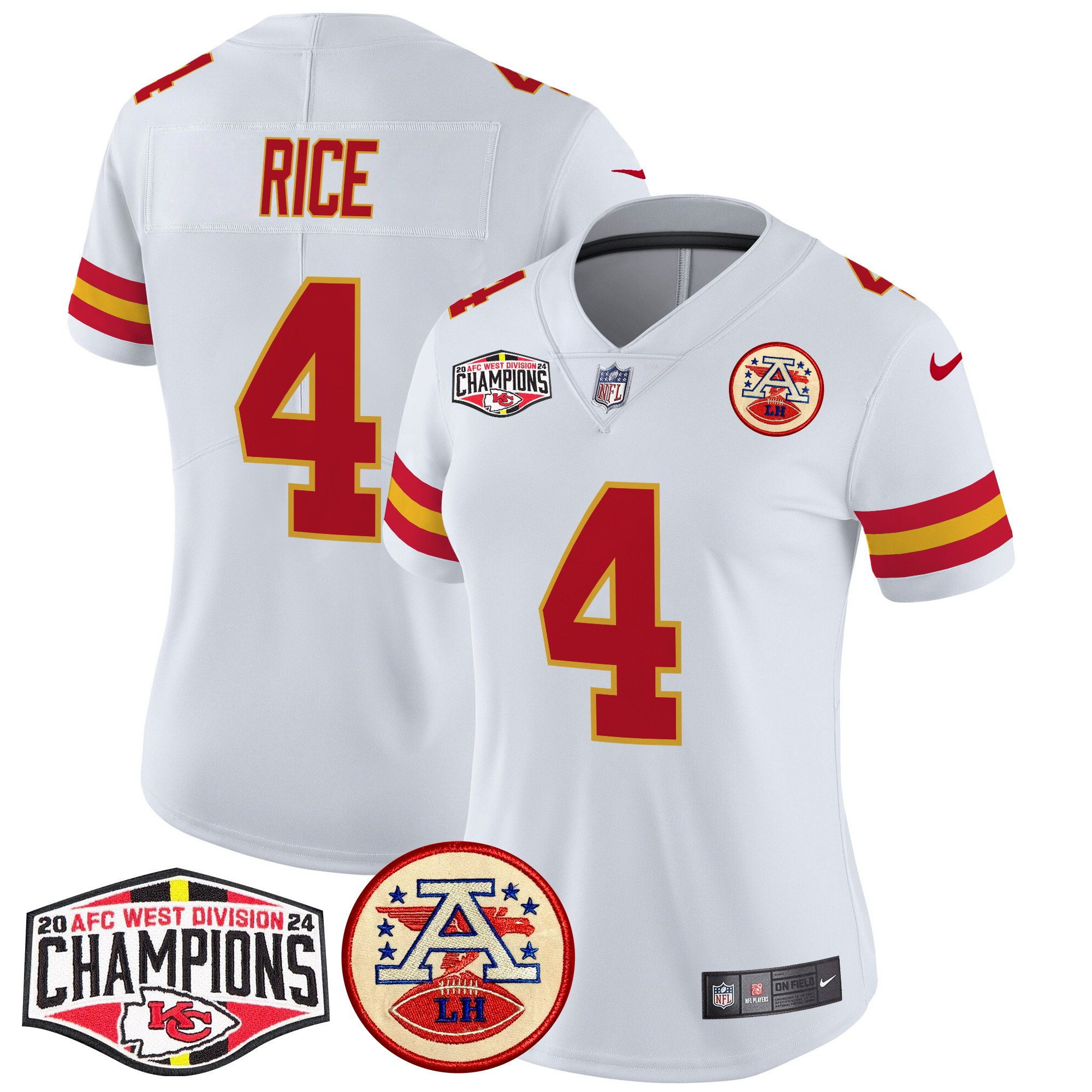 Rashee Rice Women's Kansas City Chiefs 2024 AFC West Division Champions Patch Vapor Limited White Jersey - All Stitched