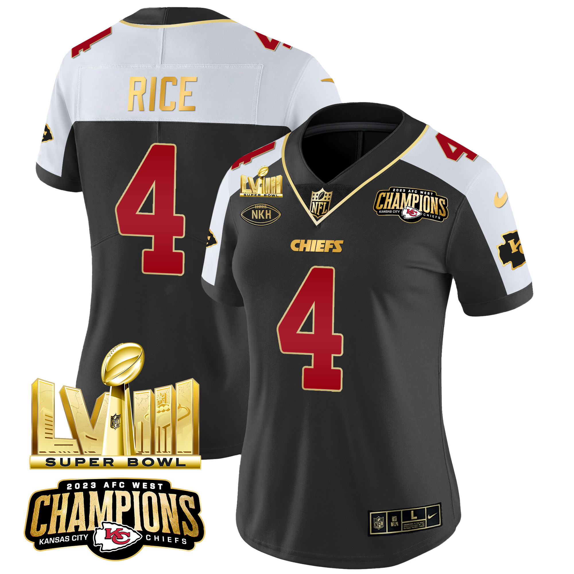 Rashee Rice Women's Kansas City Chiefs AFC West Champions & Super Bowl LVIII Gold Patch Vapor Black Alternate Jersey - All Stitched