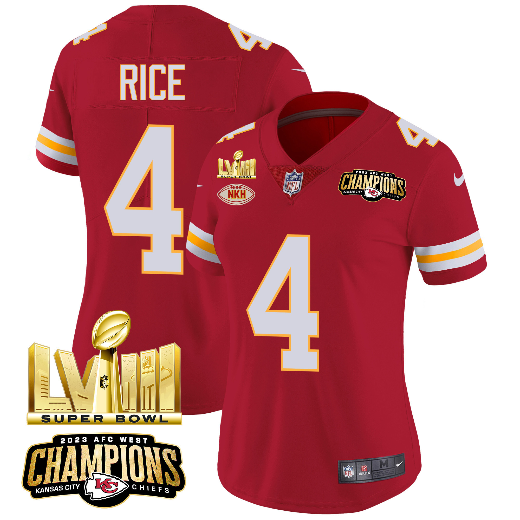 Rashee Rice Women's Kansas City Chiefs AFC West Champions & Super Bowl LVIII Gold Patch Vapor Red Jersey - All Stitched