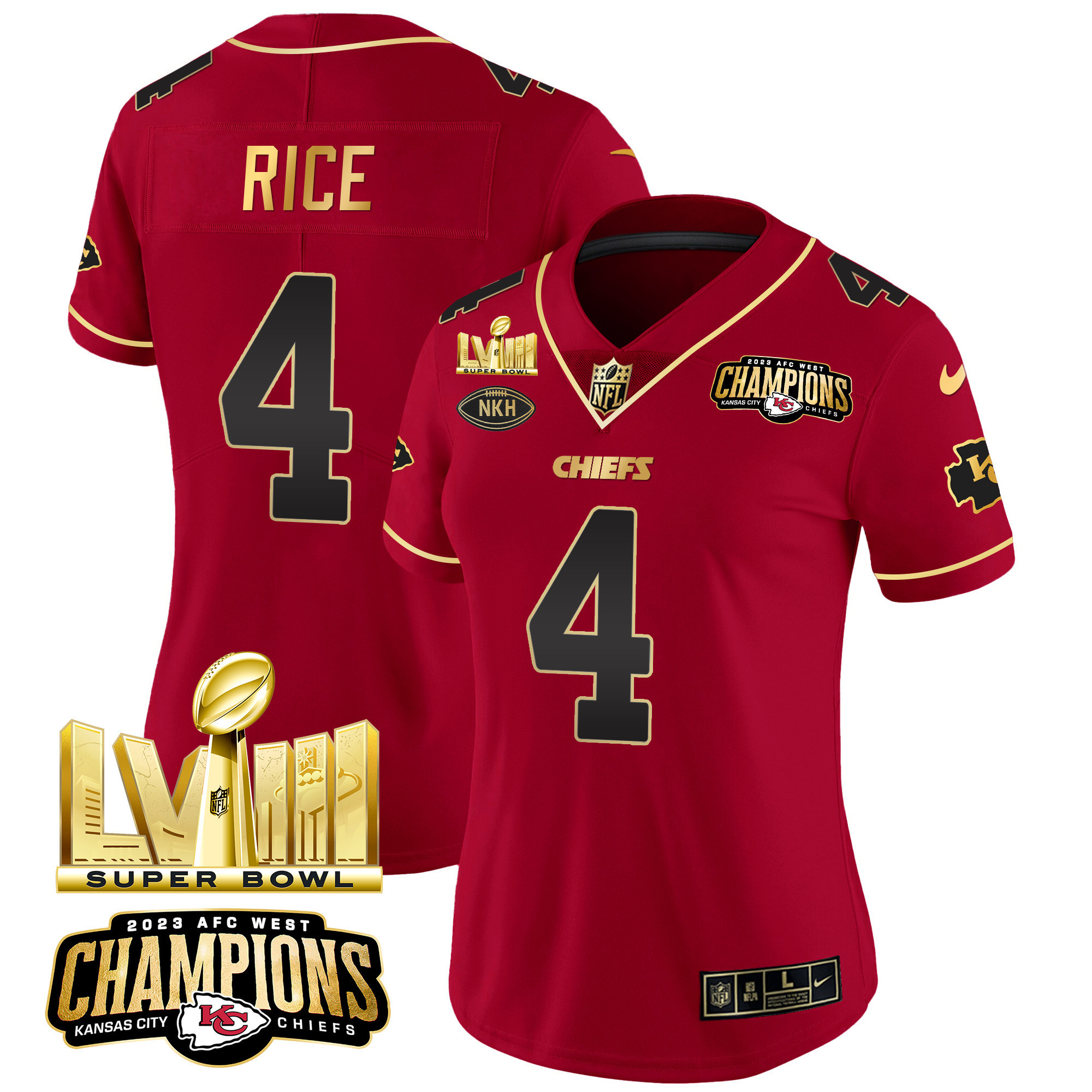 Rashee Rice Women's Kansas City Chiefs AFC West Champions & Super Bowl LVIII Gold Patch Vapor Red Special Jersey - All Stitched