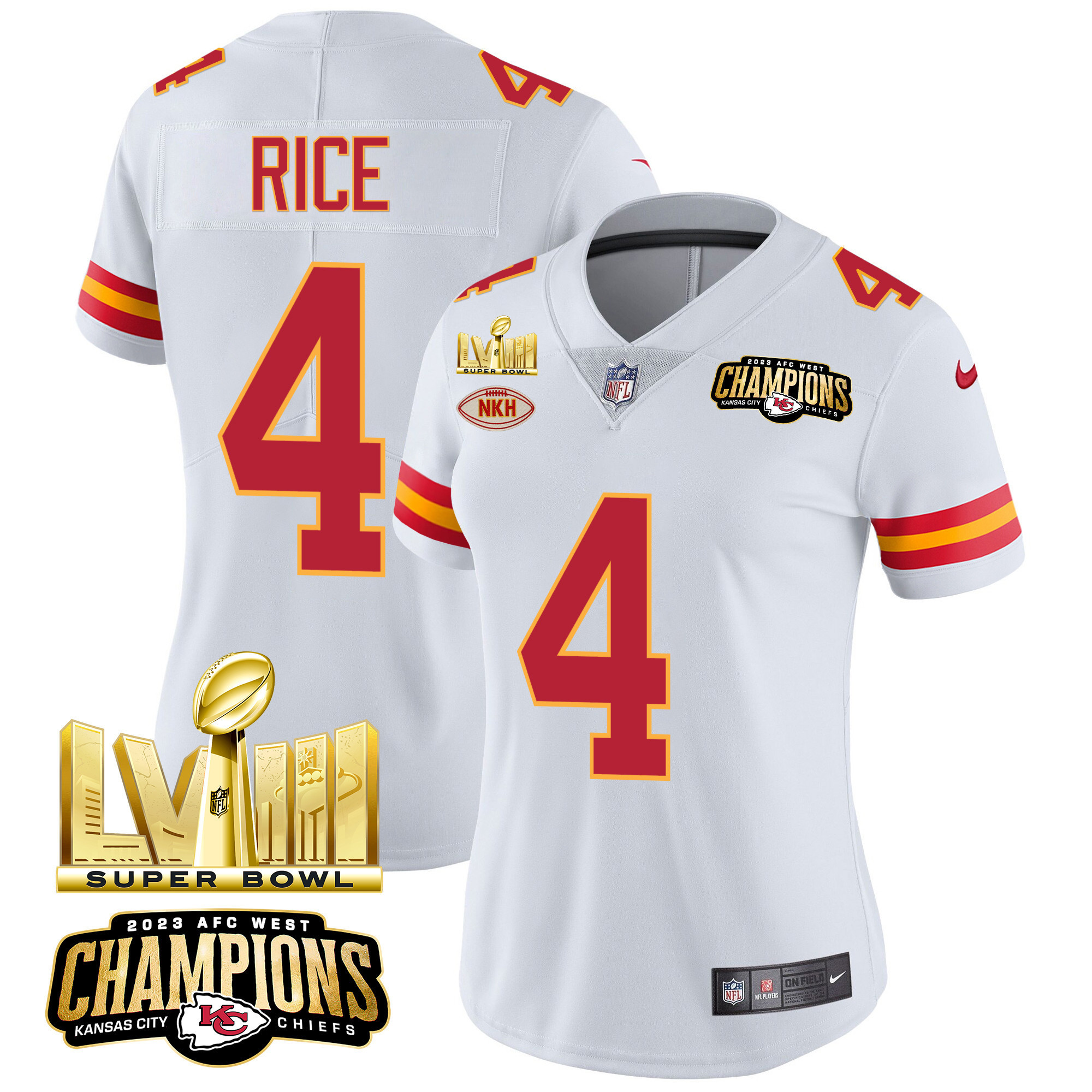 Rashee Rice Women's Kansas City Chiefs AFC West Champions & Super Bowl LVIII Gold Patch Vapor White Jersey - All Stitched