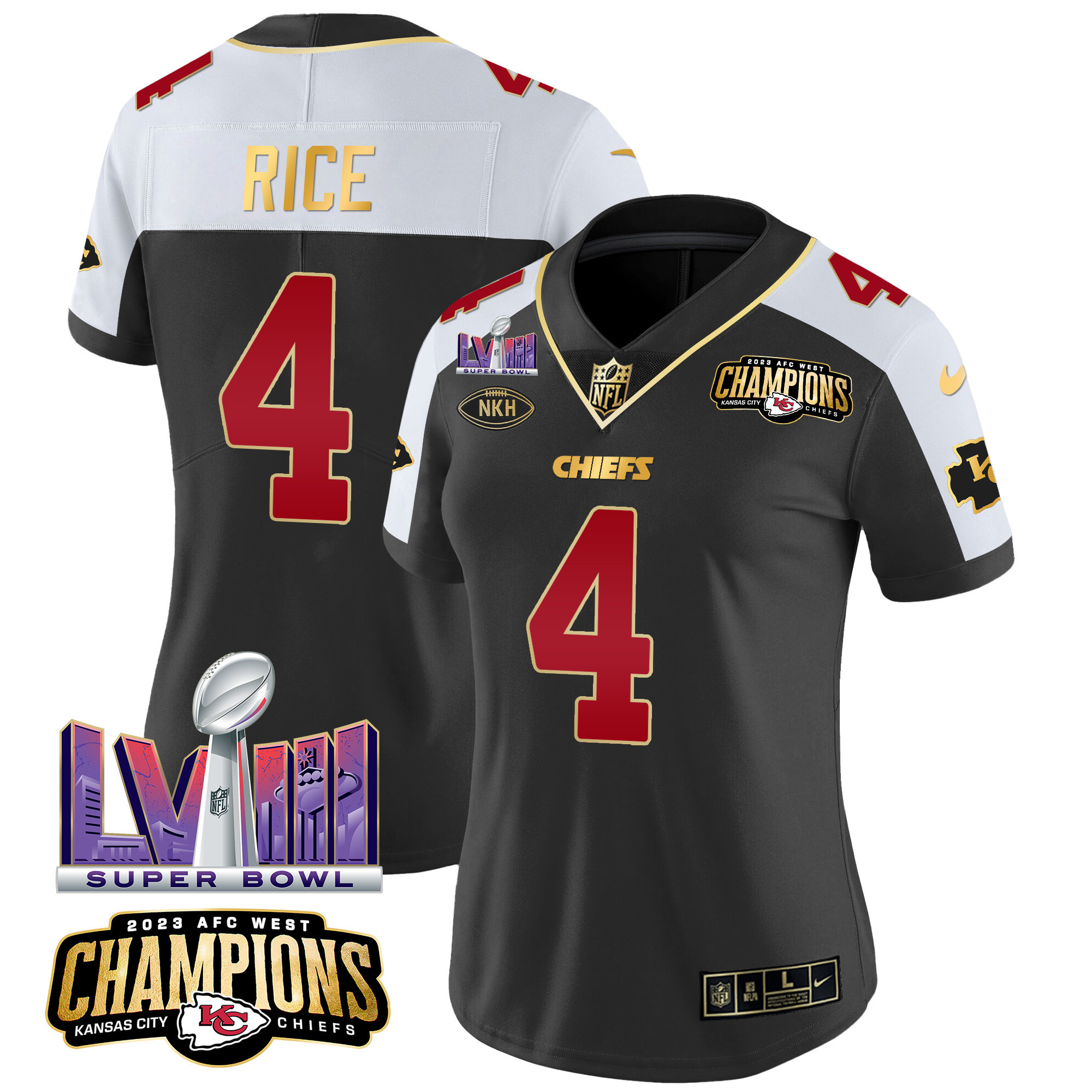 Rashee Rice Women's Kansas City Chiefs AFC West Champions & Super Bowl LVIII Patch Vapor Black Alternate Jersey - All Stitched
