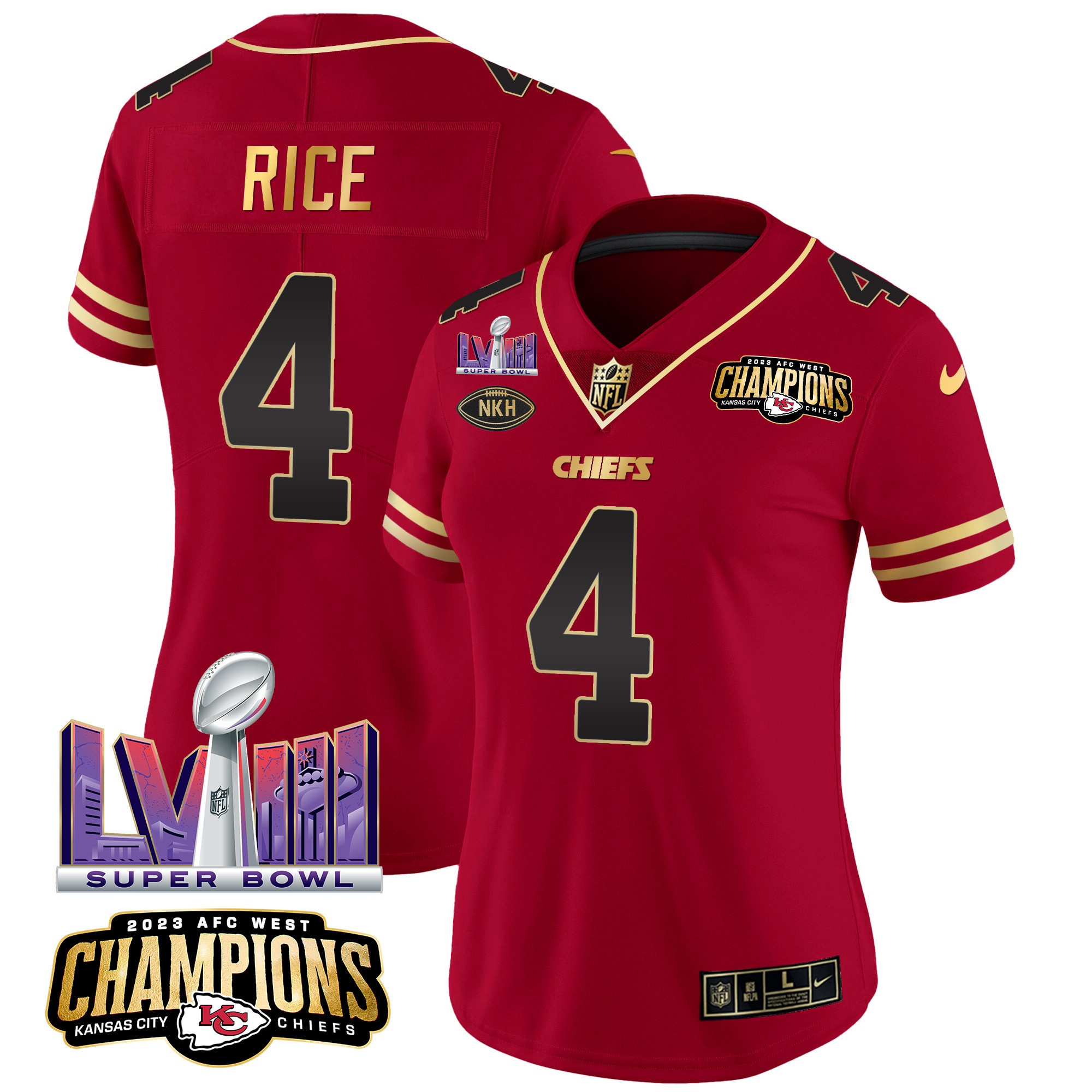 Rashee Rice Women's Kansas City Chiefs AFC West Champions & Super Bowl LVIII Patch Vapor Black Red Jersey - All Stitched
